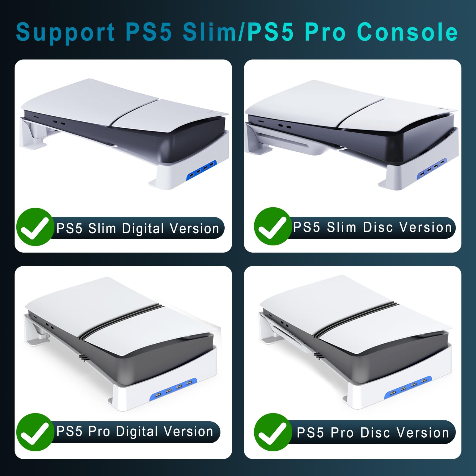Soporte Horizontal para Consola PS5 Pro/PS5 Slim con Puerto USB Ampliado, Soporte Base de Accesorio para Playstation 5 Pro/ Slim Disc & Digital Edition con Almohadillas Antideslizantes (con USB)