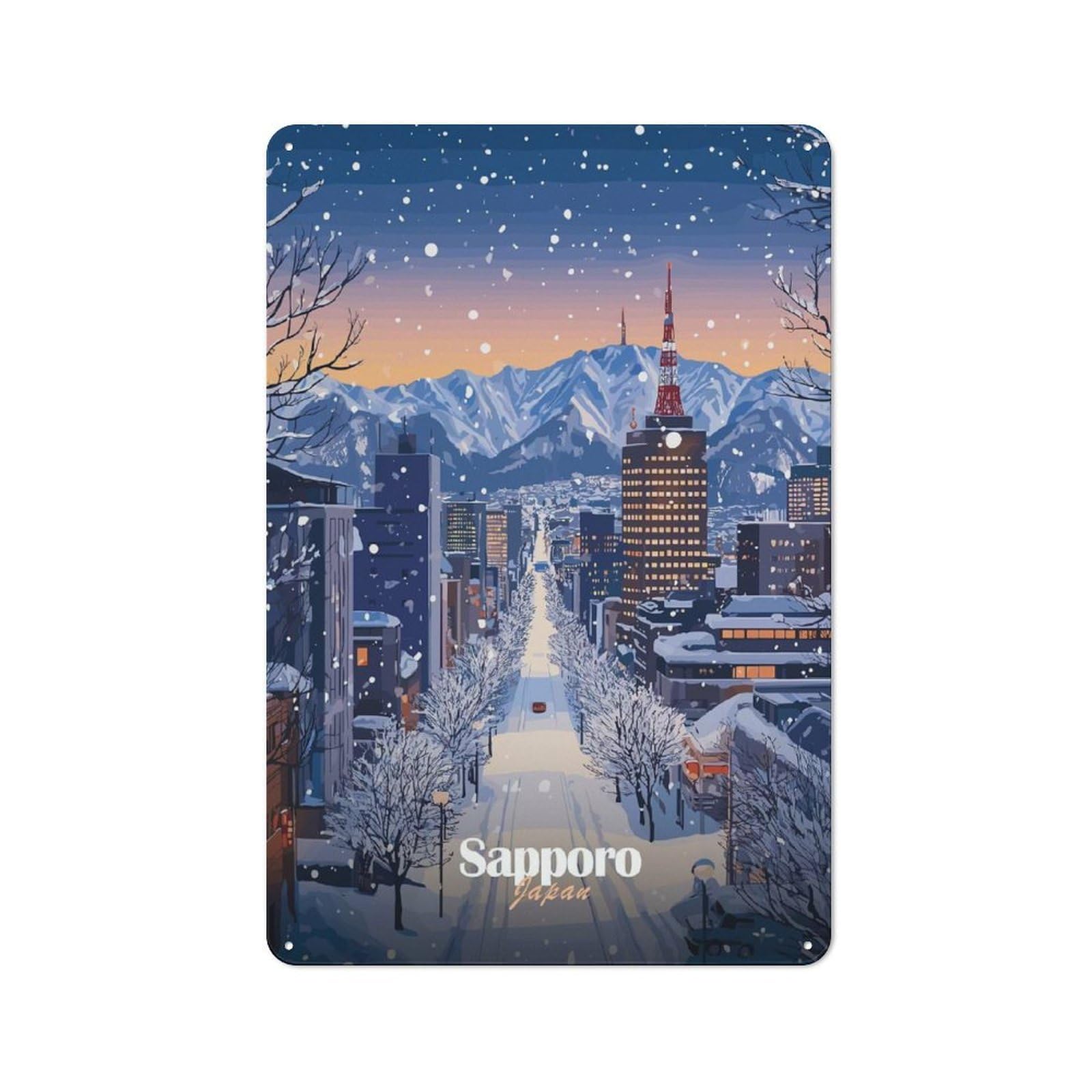 Junmoney Style-11 Snowy Sapporo Cityscape Printed Metal Sign 30X20cm For Café Or Restaurant, For Restaurant Decor Fans, For Retro Home Interiors