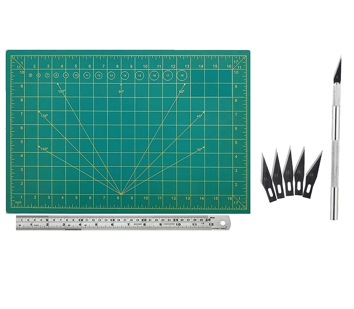 Akshar Art N Craft A3 Cutting Mat, Detail Knife & 1 Foot Steel Ruler Set with 5 Replacement Blades
