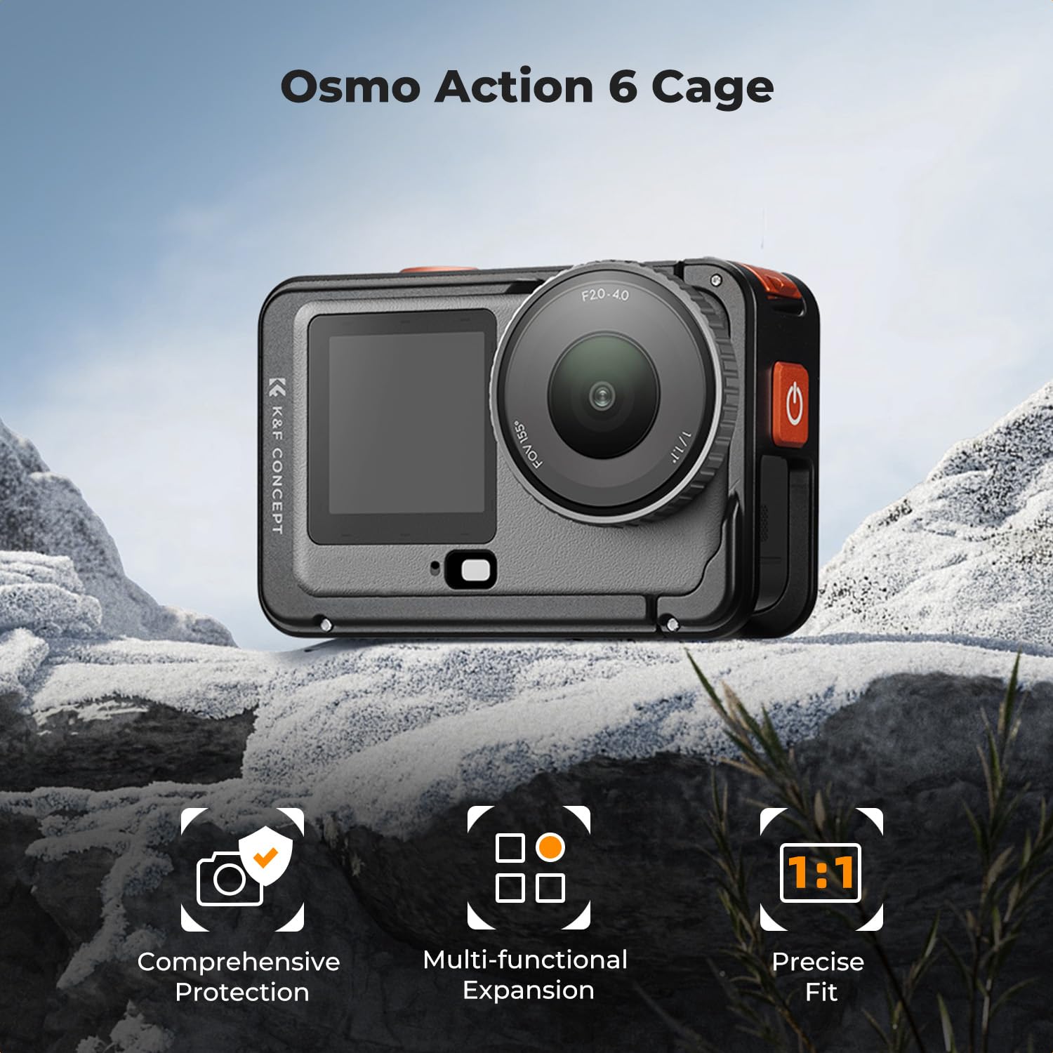 K&F CONCEPT 92.5 cm Action Camera Selfie Stick z klatką Osmo Action 6 i magnetycznym adapterem do szybkiego montażu, składany gwint 1/10.2 cm niewidoczny drążek przedłużający stop