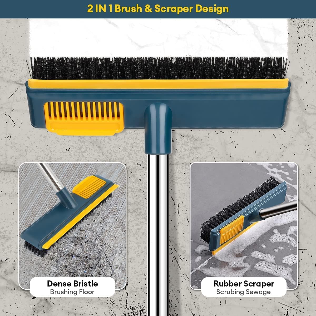 PN ONLINE ZONE Floor Scrub Brush with Comb Teetch and Squeegee, 44" Stiff Bristle Deck Brush, 2-in-1 Floor Scrubber Cleaning Grout Brush for Tile Bathroom Shower Patio and Kitchen 3