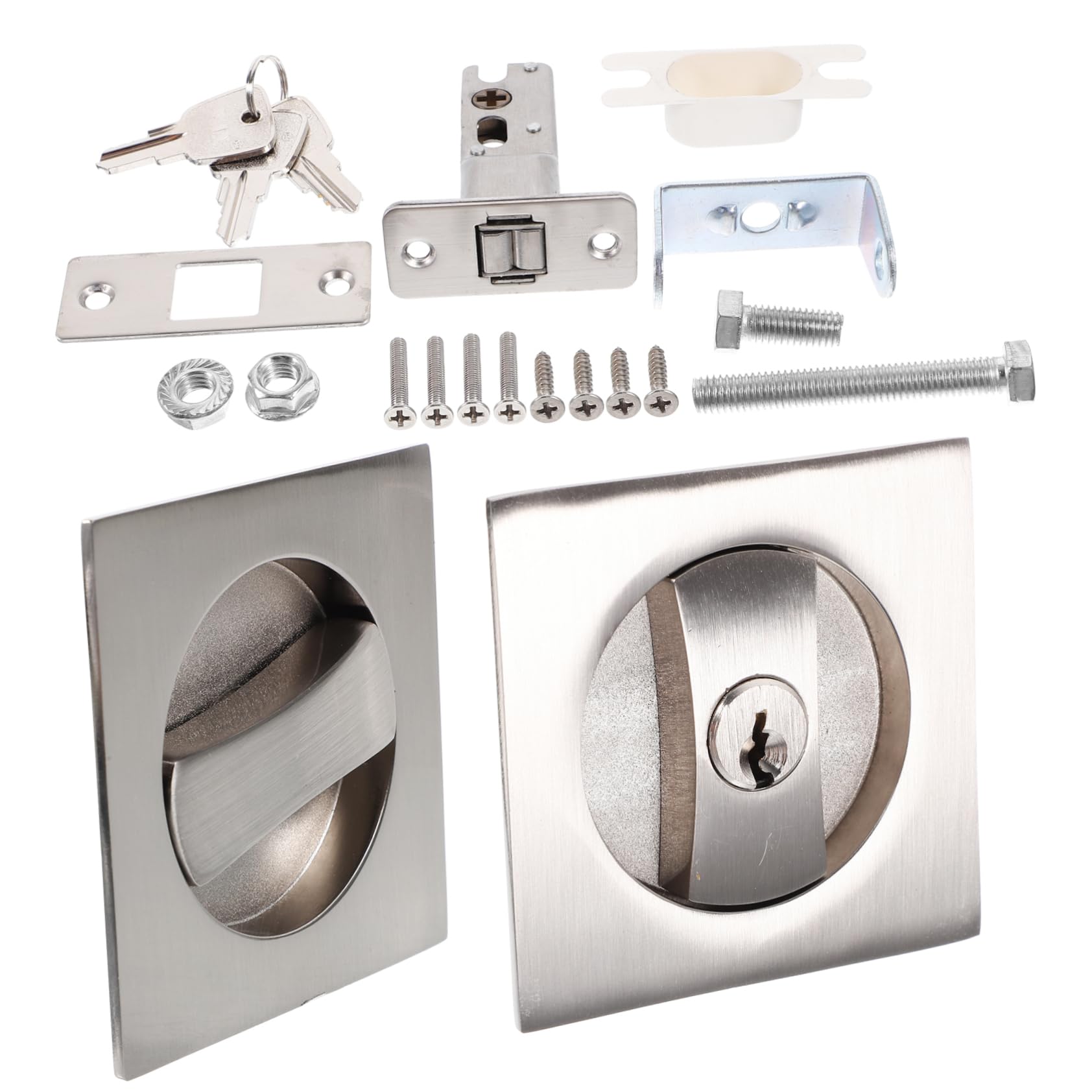 POPETPOP 1 Set Modern Pocket Door Lock with Key Privacy Latch Hardware for Bedrooms Bathrooms Offices Sleek Brushed Finish Easy DIY Installation Durable Metal Construction