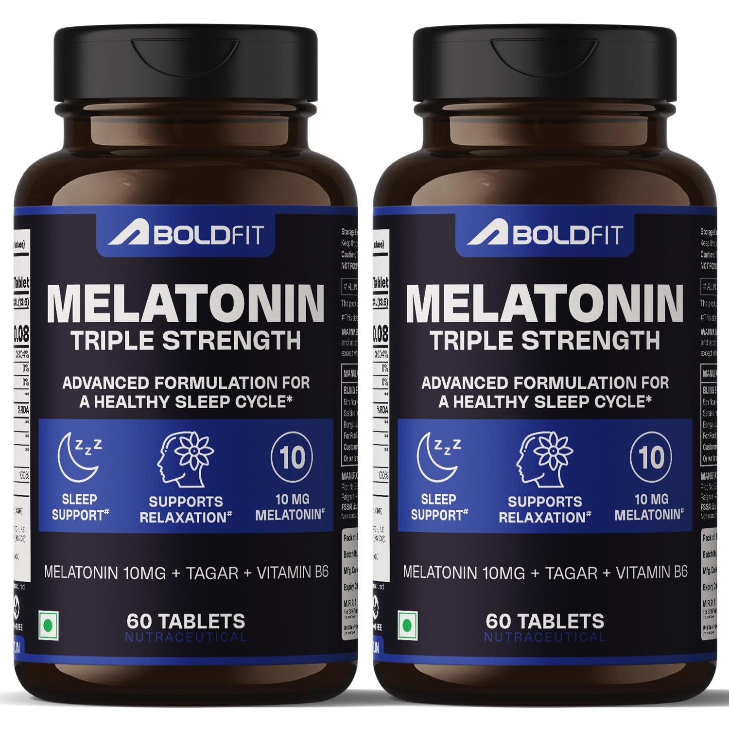 Boldfit Melatonin 10mg with Tagara 125mg with Vitamin B6 Sleep Support Supplement for Men and Women, (Pack of 2) - 120 Sleeping Tablets