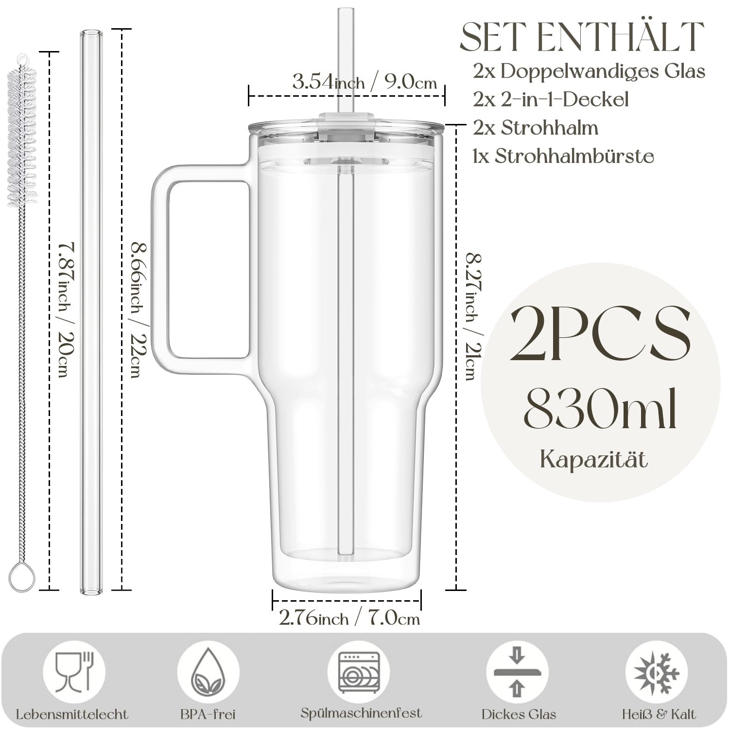 KEMORELA 2er Set Kaffeegläser mit Griff, Deckel & Glasstrohhalm, 830 ml Doppelwandige Latte Macchiato Gläser, Eiskaffee Glas, Matcha Glas, Teegläser für heiße & kalte Getränke