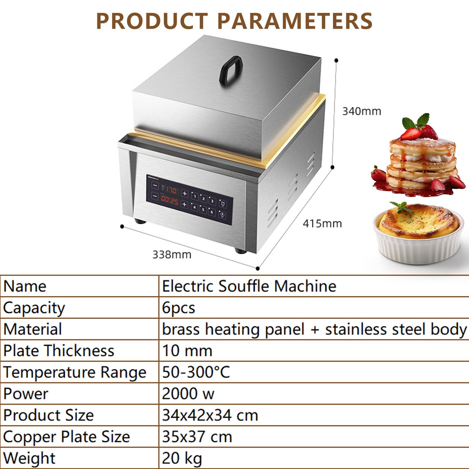 Piastra Elettrica da Banco per Soufflé E Dorayaki, Riscaldamento Rapido E Uniforme, Corpo in Acciaio Inox, Piastre Riscaldanti in Rame Puro, per Bar E Caffetterie 6pcs