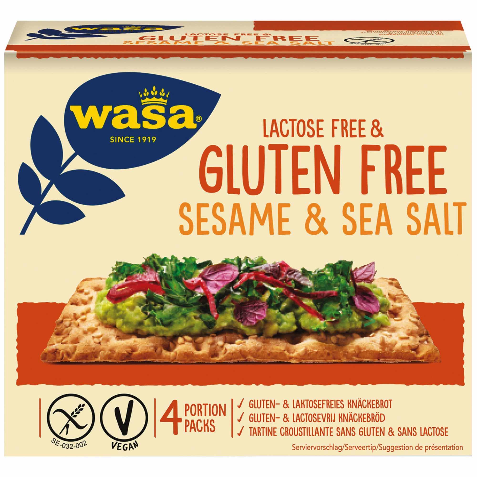 Knäckebrot Gluten und Laktosefrei mit Sesam und Meersalz 6er Pack (6x240g Packung) + usy Block