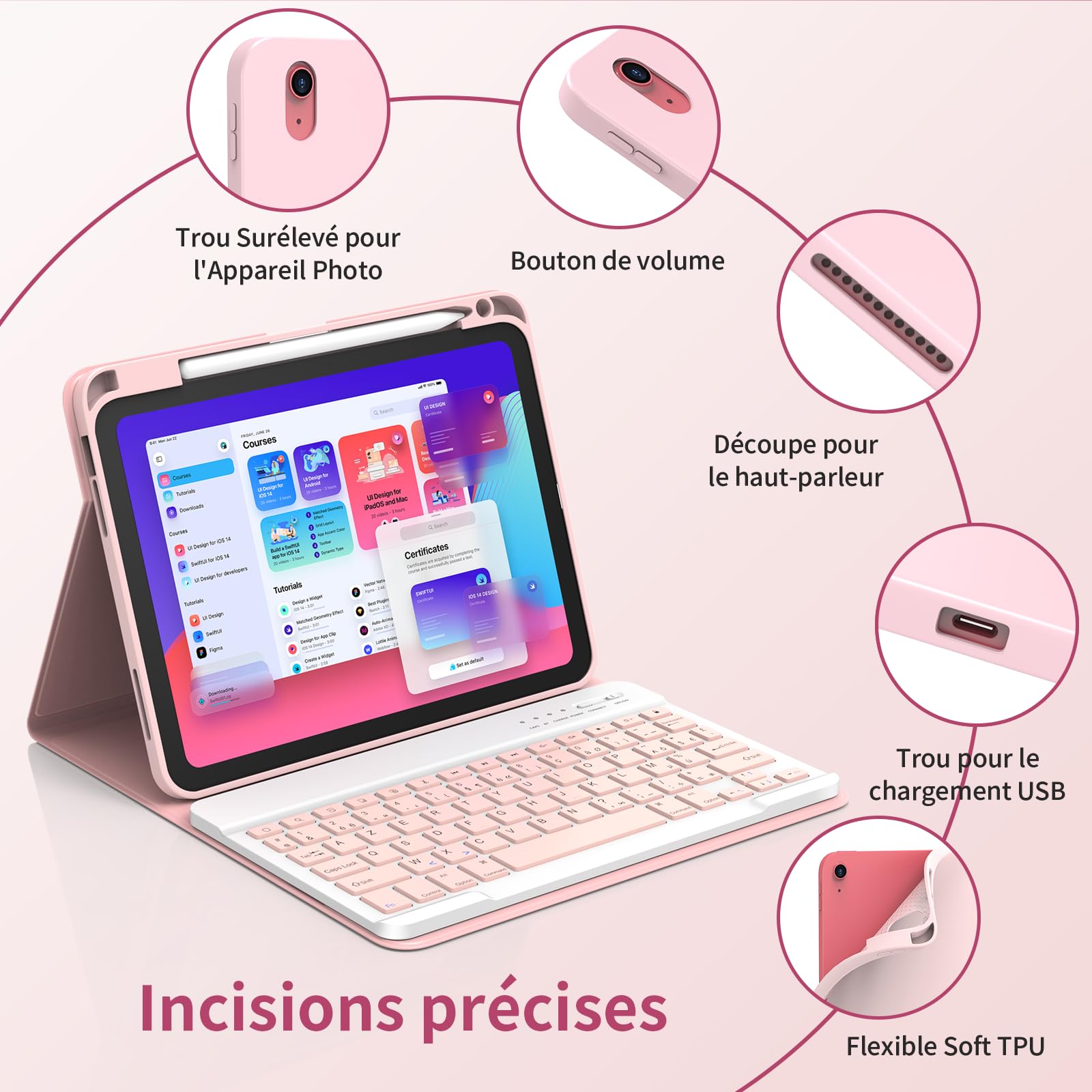 GAOJIE Coque Clavier pour iPad 11e Génération A16 2025/10e Génération 10,9 Pouces 2022, Coque de Protection avec Porte-Crayon, AZERTY Clavier Français Détachable sans Fil pour iPad 11/10.9''(Rose)