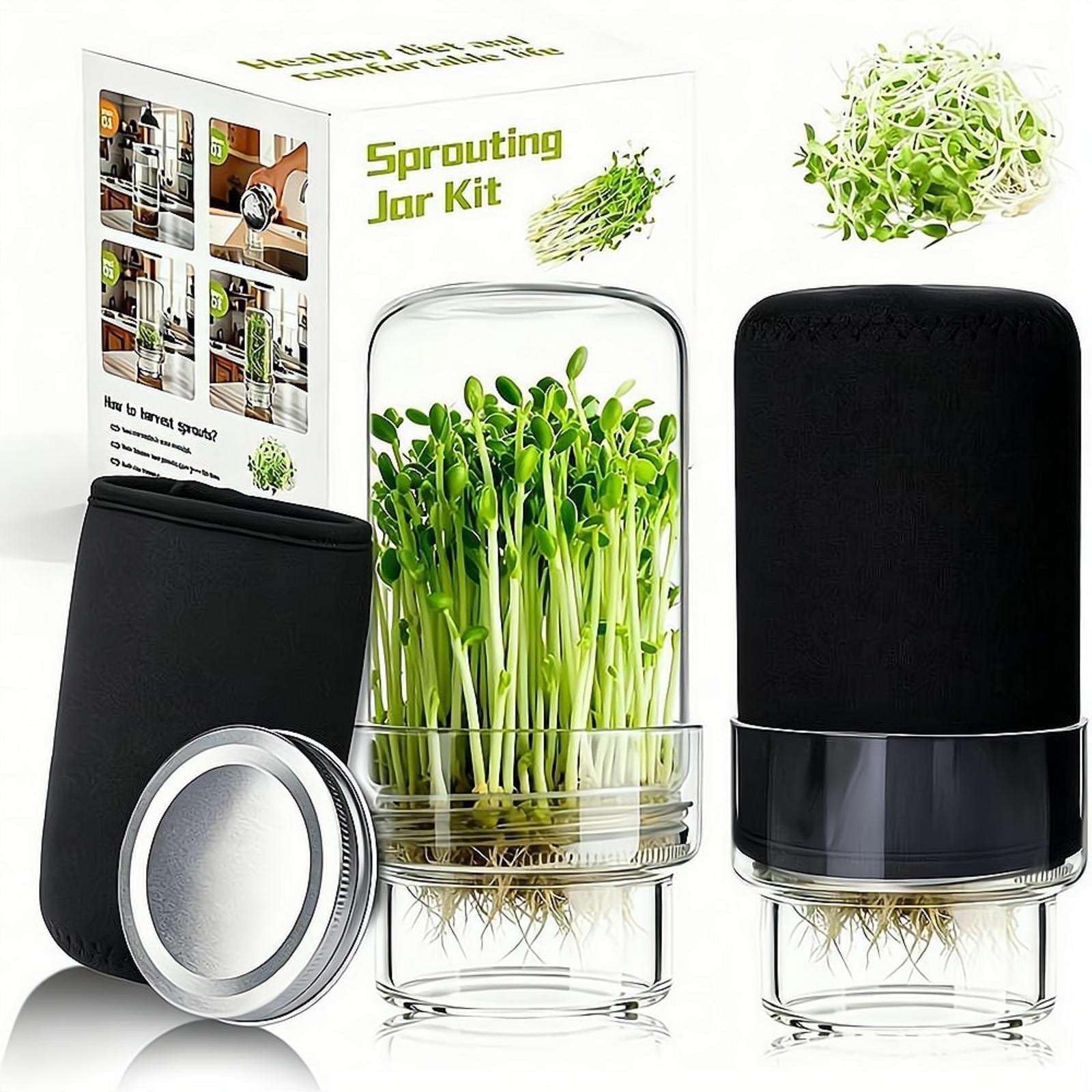 Glass Sprouting Jar Kit with Blackout Cover and Filter Tray with Sprout Lids, Blackout Sleeves, Drain Cover, Perfect for Home Gardeners, Health Enthusiasts, Growing Broccoli Alfalfa Mung Bean Sprouts