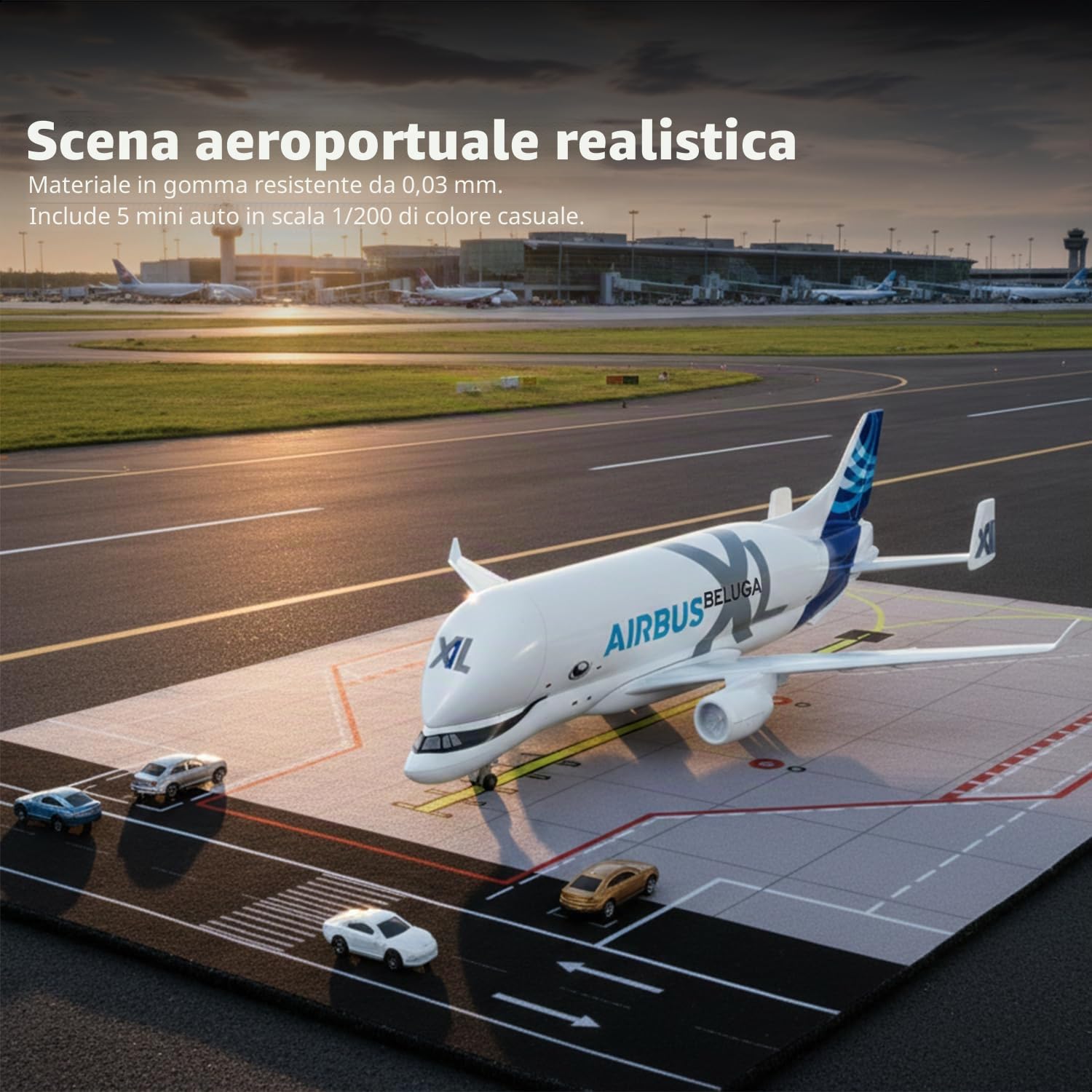 1/300 A330 Beluga XL modello di aeroporto con tappetino in gomma e 5 auto Diecast in metallo, per adulti, collezionisti e decorazioni (tappetino: 25 x 35 cm)