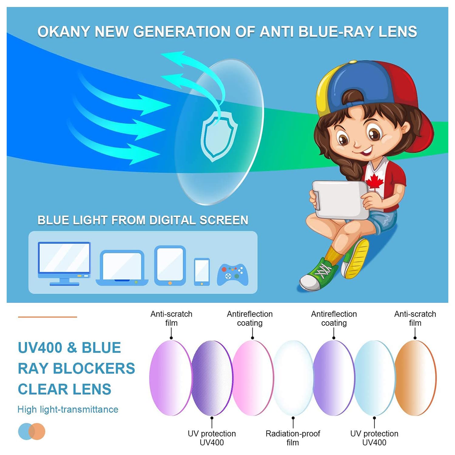 SYGA Children's Anti-Blue Light Glasses Lightweight Round Flat Glasses Frames For 4-12 Years old Kids (Black frame black legs) - Image 6 thumbnail