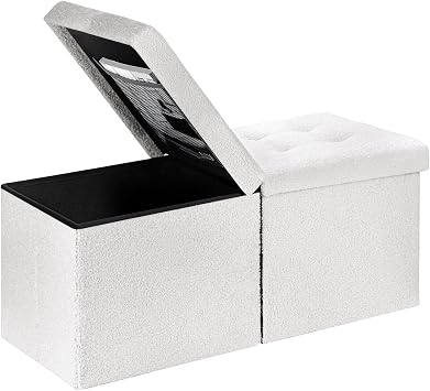 Storage Ottoman Bench, 34" Teddy Velvet Folding Foot Rest, White | Large Ottoman with Storage, Thicker Foam Padded Seat, 34 x 13 x 13in, Livingroom, Dorm, Bedroom, Easy to install, 86L