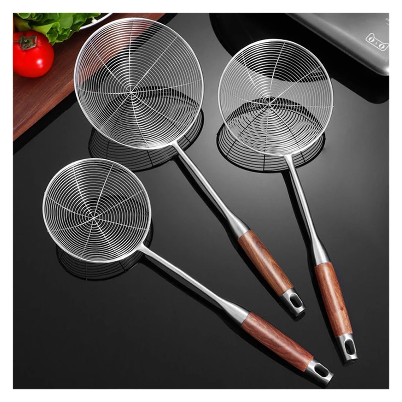 Espumadera Colador de Alambre de araña de Acero Inoxidable 304 for cocinar y freír, colador de cucharón con Mango de Madera-Herramientas de Cocina(1 Set)