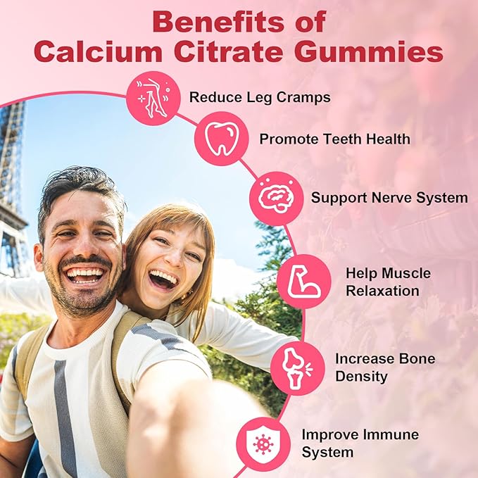 1200mg Calcium Citrate Gummies - Chewable Calcium Gummies for Bone, Muscle, Teeth, Immune Support, High Absorption Calcium Supplements for Women & Men Sugar Free Strawberry Flavor 60 Count