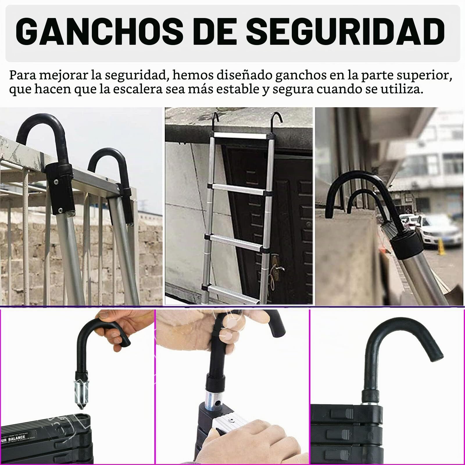 Escalera telescópica de aluminio de 3,2 m con 2 ganchos, antideslizante, con 11 peldaños, para exteriores e interiores, 150 kg, color negro