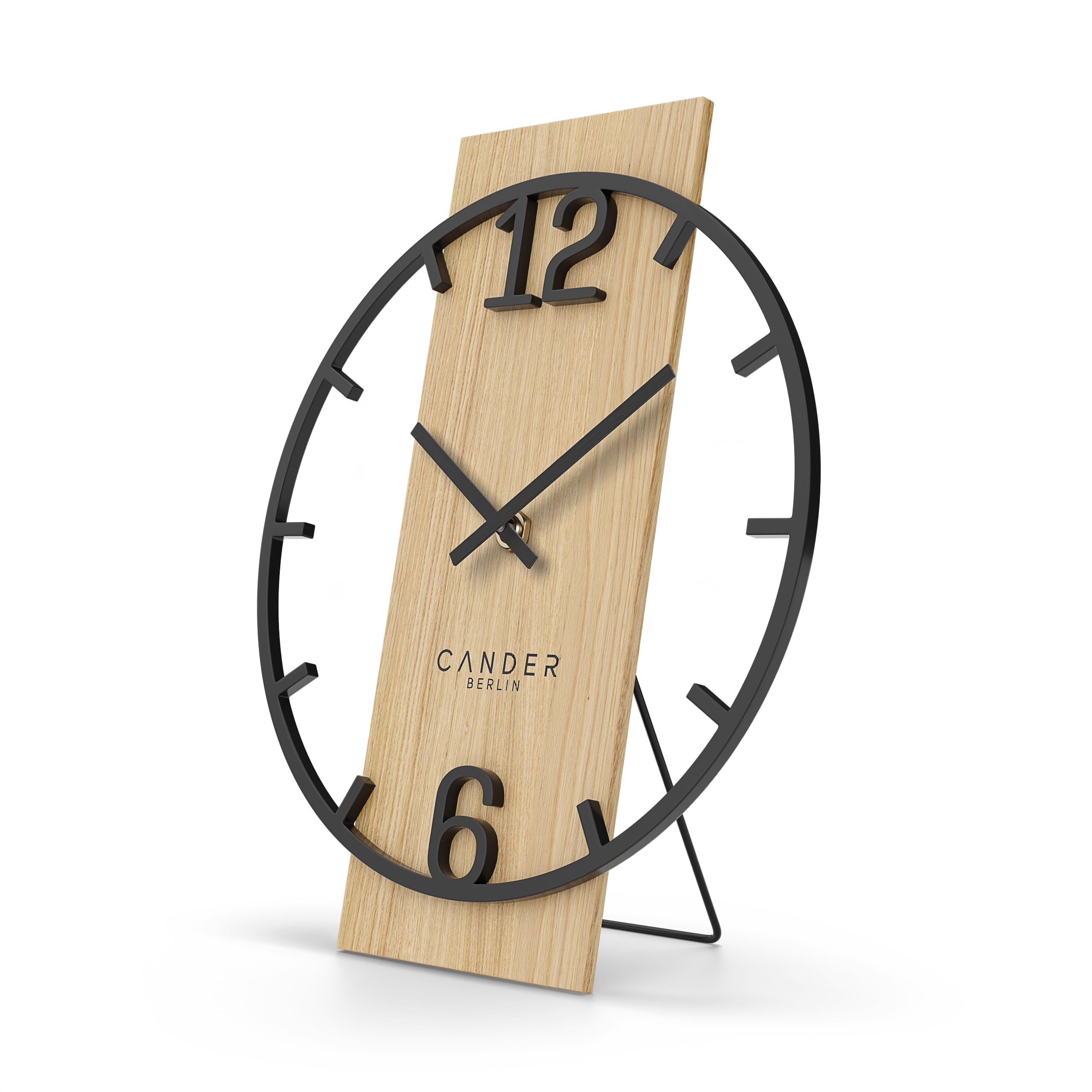 Cander Berlin Melora Reloj de mesa silencioso de 20 cm, metal, manecillas de madera, sin ruido de tictac, moderno, negro, salón, cocina, vintage