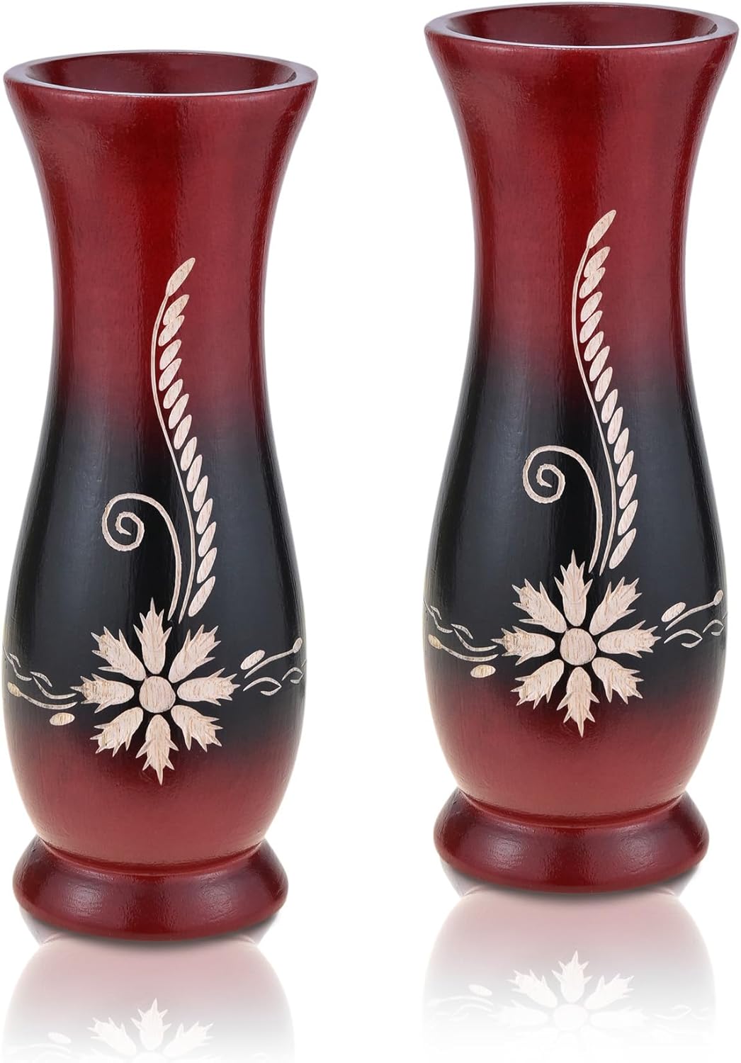 Aeravida Ravishing Hand Carved Flower Red and Black Mango Tree Wooden Set of Vase (2 PCS) | Modern Farmhouse Home Décor | Kitchen Bedroom Living Room Home Decoration