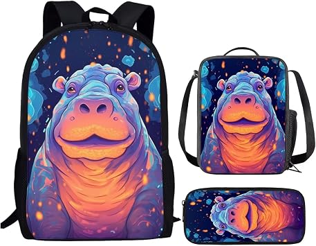 PinUp Angel Navy Orange Cartoon Hippo School Bag For Kids Backpack With Lunch Bag and Pencil Bag, Cool Magical Animal Bag For Children Boys and Girls Bookbag