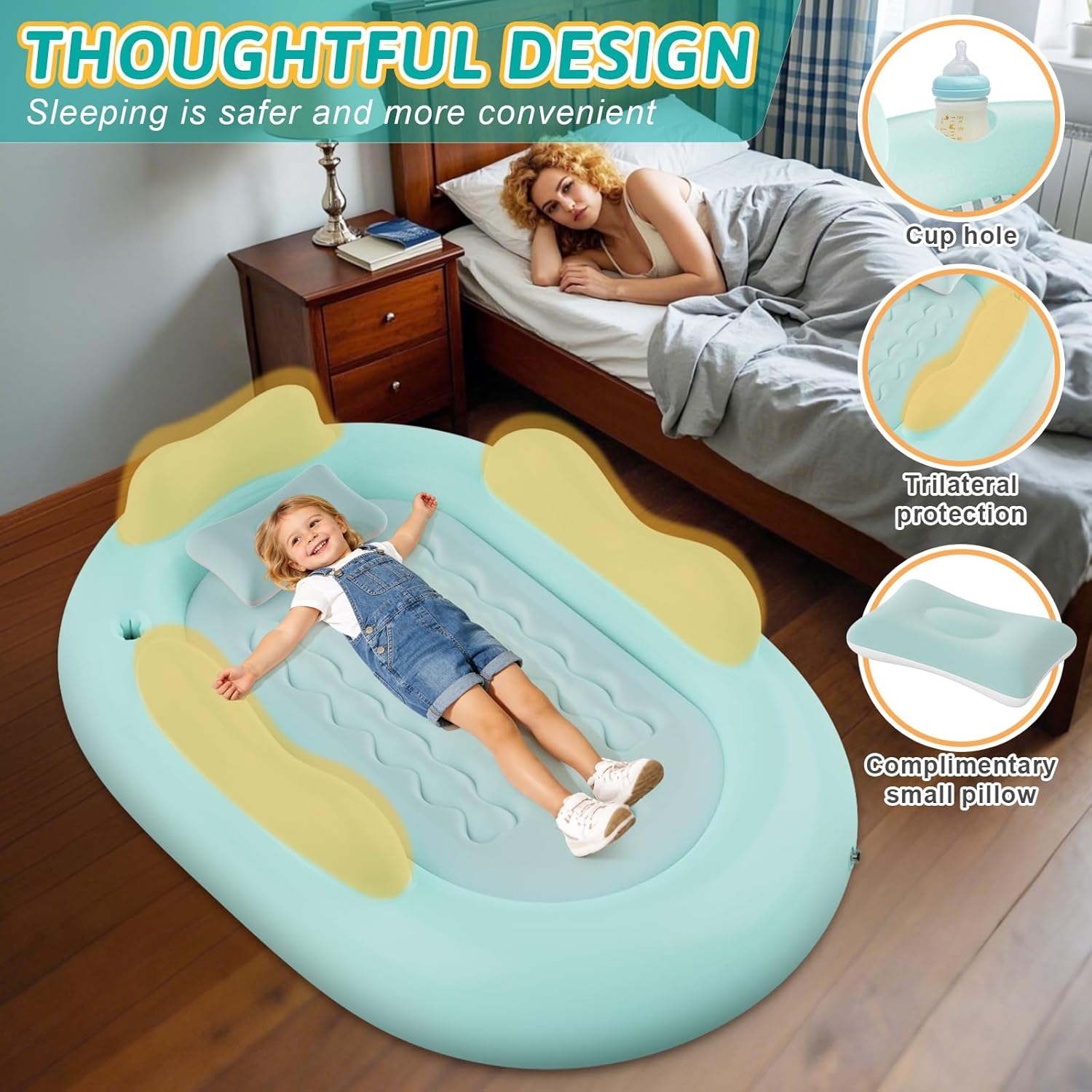 Inflatable Toddler Travel Bed Kids Air Mattress with Safety Sides Portable Blow Up Mattress with Bumpers & Pump for Camping, Travel, Home-Green 60 Inch