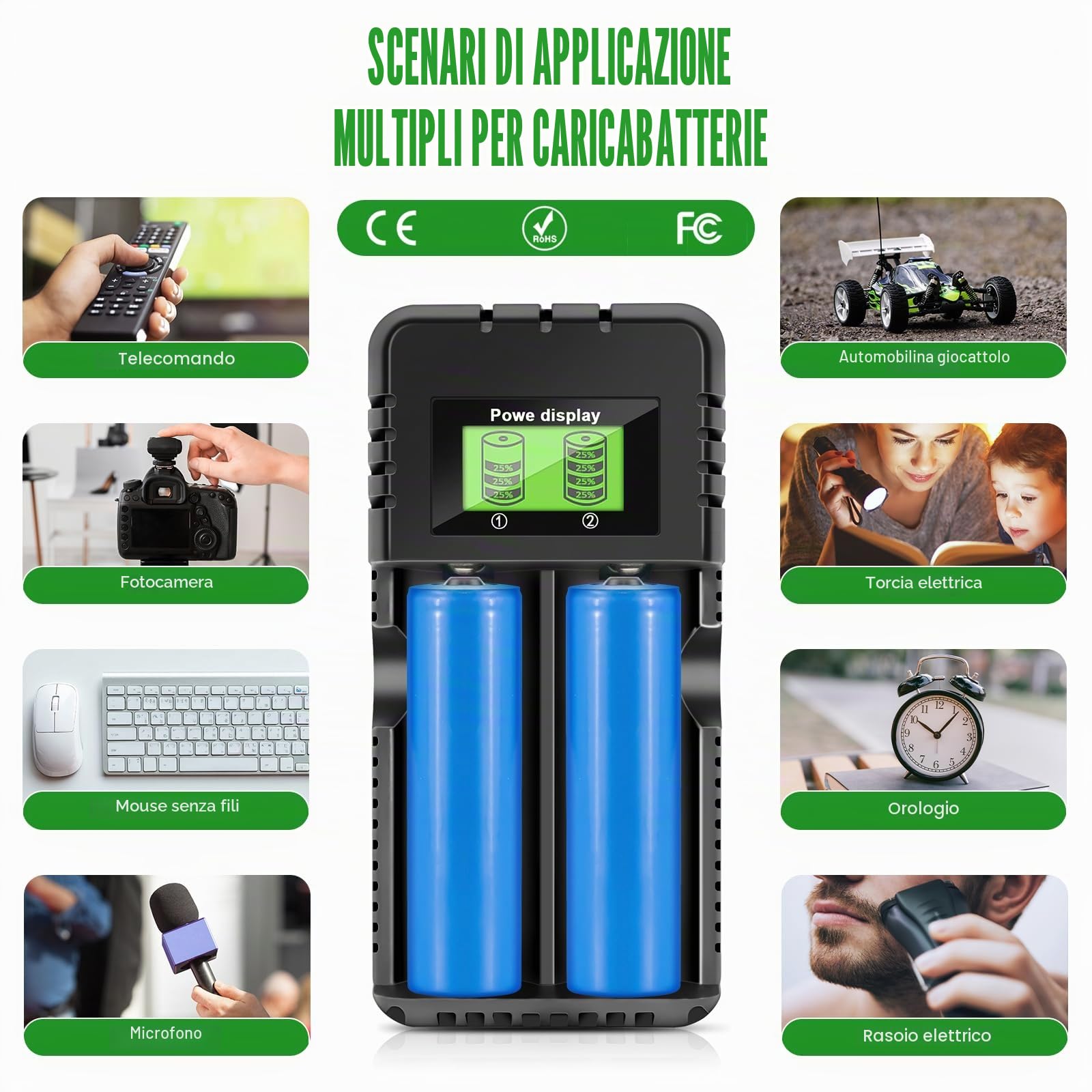 Caricatore per batteria 18650, caricabatterie intelligente agli ioni di litio con display LCD: caricatore rapido 2 in 1 per batterie da 3,7V - compatibile universalmente con 26650, 18650
