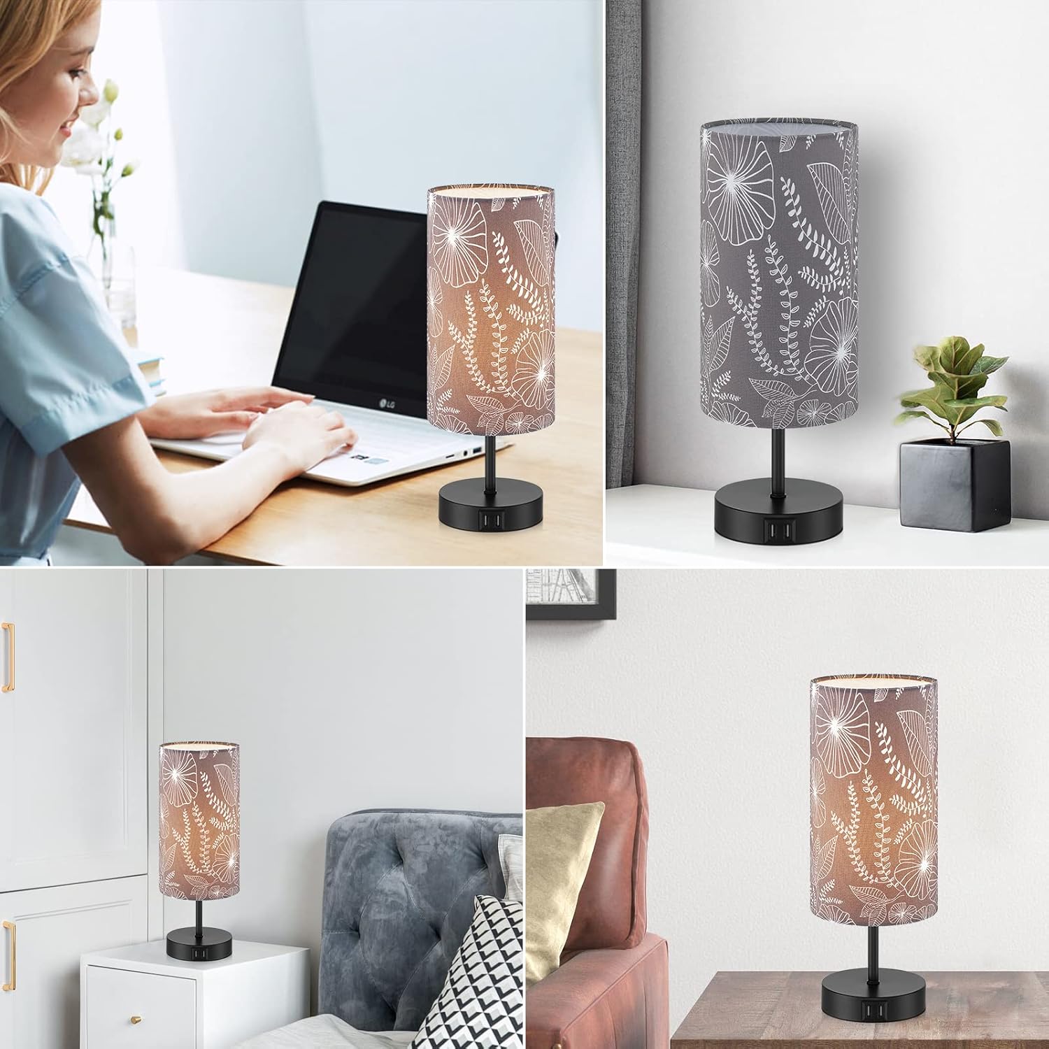 Bedside Table Lamp with 2 USB Ports, Modern Touch Control Desk Lamp with Round Flower Flaxen Fabric Shade, 3 Way Dimmable Small Nightstand Lamp for Bedrooms Living Room Dorm Gray Decor(Bulb Included)