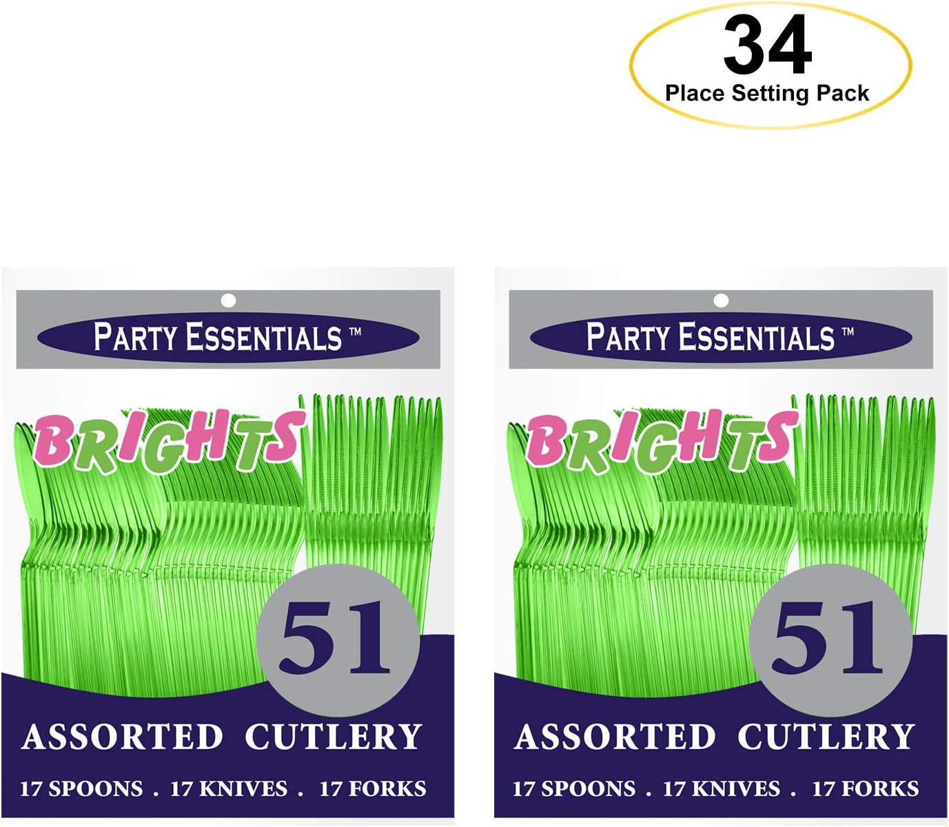 Party Essentials Hard Plastic Blacklight Reactive Cutlery Combo Pack, 102 Pieces/34 Place Settings, Neon Green