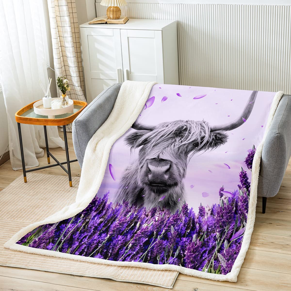 Homewish Highland Cow Blanket,Lavender Art Blanket,Farm Bull Cattle Sherpa Blanket,Rustic Farmhouse Western Style Animal Wild Theme Fleece Blanket For Bed Sofa Couch Deocr Purple 40"x50"