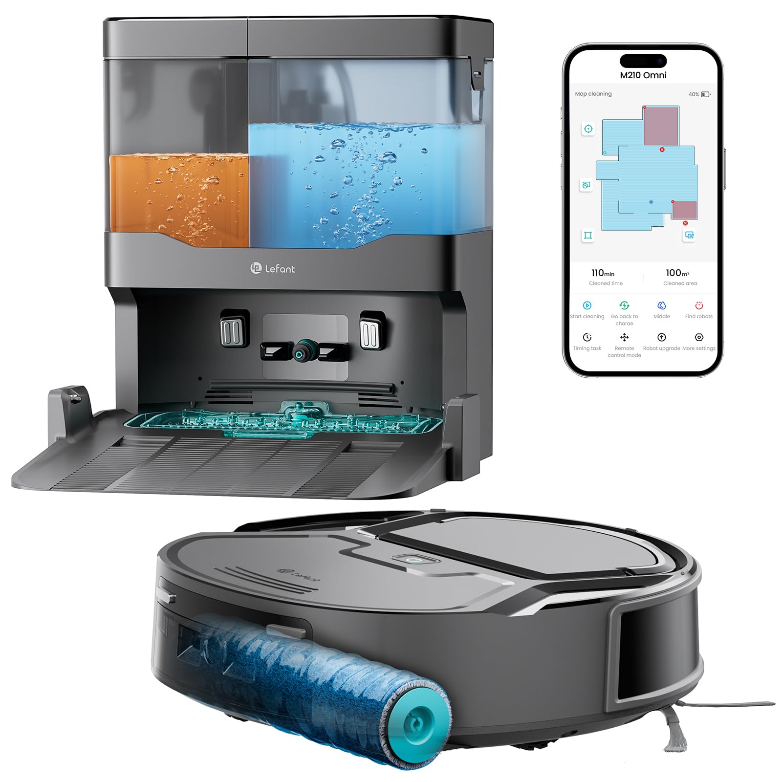 Lefant M210 Omni Robot Aspirapolvere Lavapavimenti,Anti Groviglio,20.000Pa | Mini Robot Aspirapolvere con Rullo ad Acqua, Base Autopulente, 85mm, 800ml, 2.4G WiFi, Mappatura ToF, Alexa, Bianco