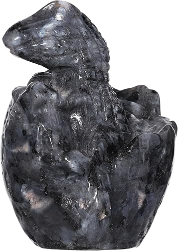 mookaitedecor Figura de huevo de dinosaurio de cristal de labradorita negra, escultura de piedra de huevo de dragón tallada a mano para decoración