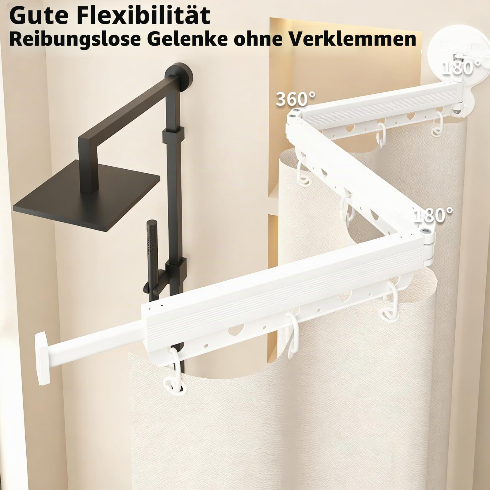 Duschvorhangstange mit Saugnäpfe, Teleskopstange ohne Bohren | Duschvorhangstange 70-104cm, 3-Faltung Mehrfachwinkel, für Fenster, Raumteiler und Küchen