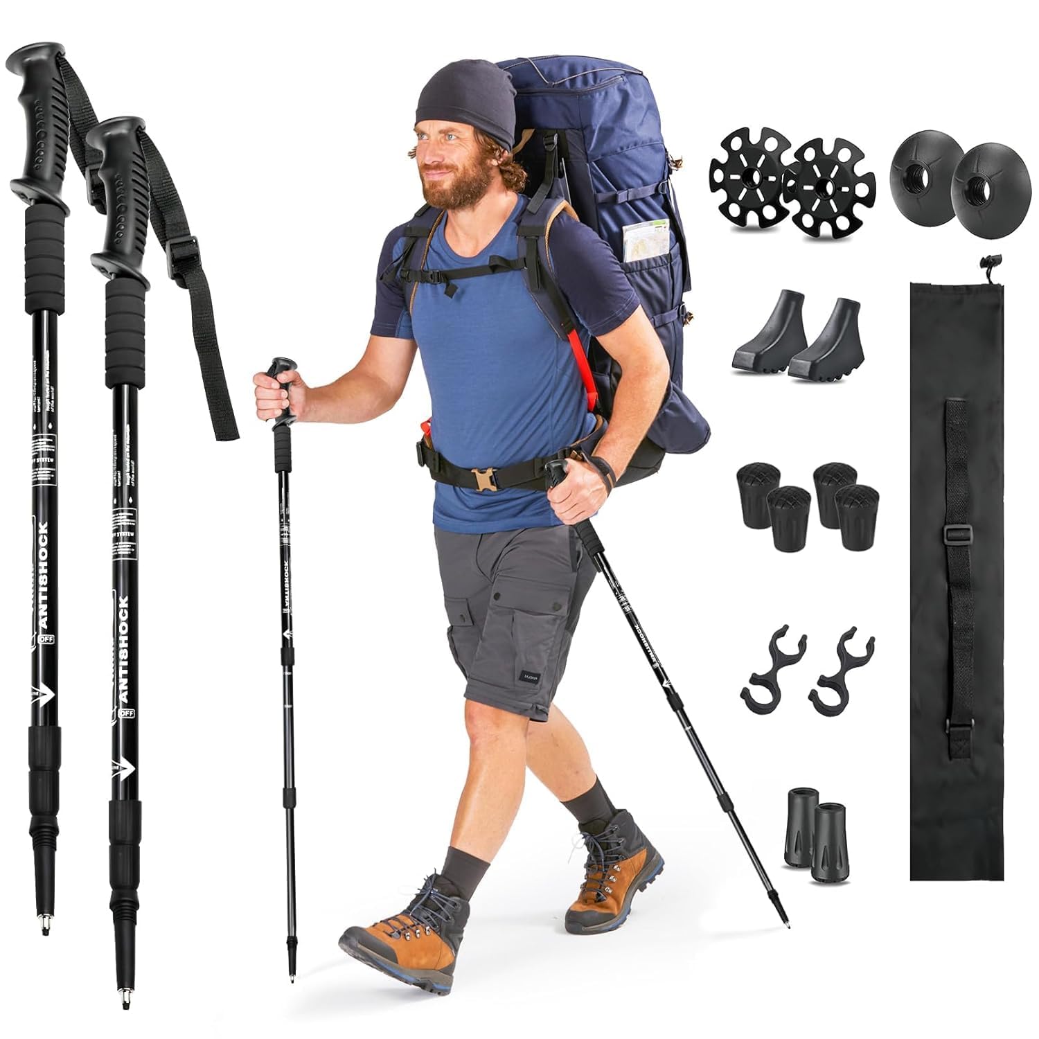 Trekking Poles, Adjustable Hiking Poles 135 cm with All-Terrain Accessories, Strong and Light, High Strength Aluminium Alloy, Suitable for Mountaineering, Hiking (Pack-2 Black)