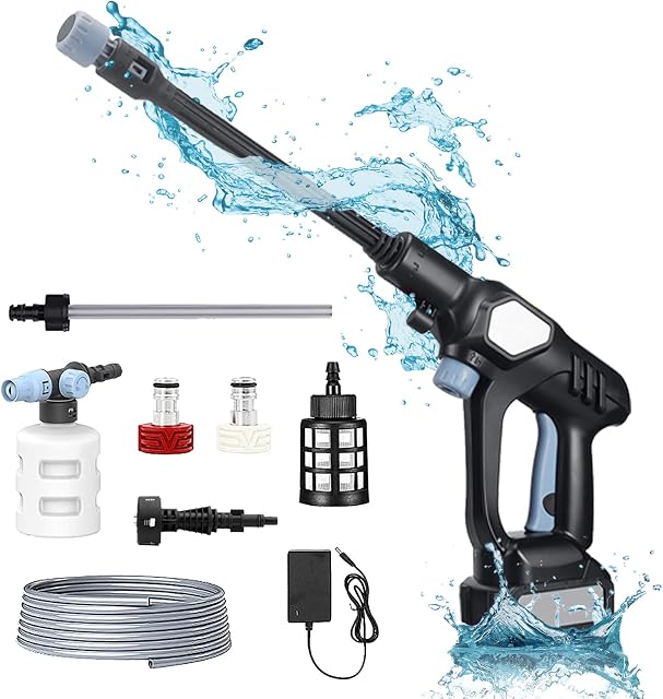 21V Pressure Washer 45Bar Portable Cordless Electric Jet Washer Cleaner 25000RPM High Pressure Sprayer Gun with 6 in 1 Nozzle 4.0Ah Rechargeable Battery Abundant Accessories for Car Garden Window