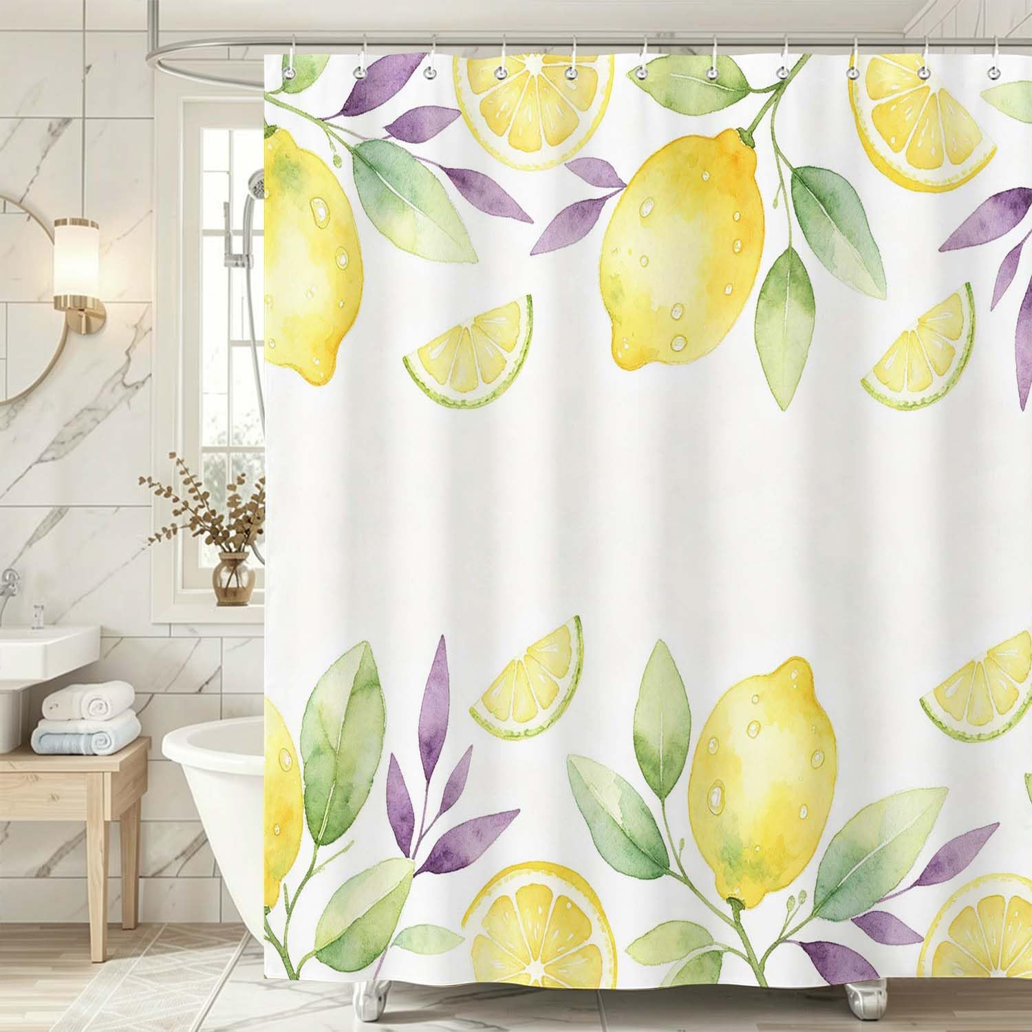 Rideau de Douche Anti Moisissure Citron, Rideau de Bain Citron 3D Rideaux de Douche en Polyester, Imperméable, Lavable en Machine, avec Crochets, 300 x 200 cm 1584-YLP