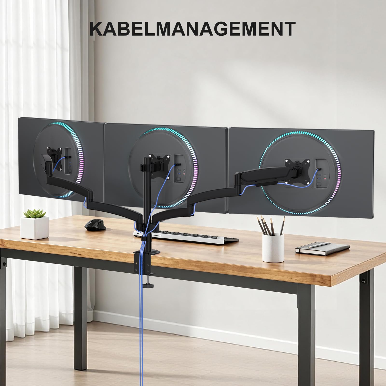 WALI Monitorhalterung 3 Monitore,Triple Tischhalterung mit Gasfederarmen für Bildschirme bis 32 Zoll, Bildschirmhalterung 3 Monitore VESA 75x75/100x100mm (GSDM003),Schwarz