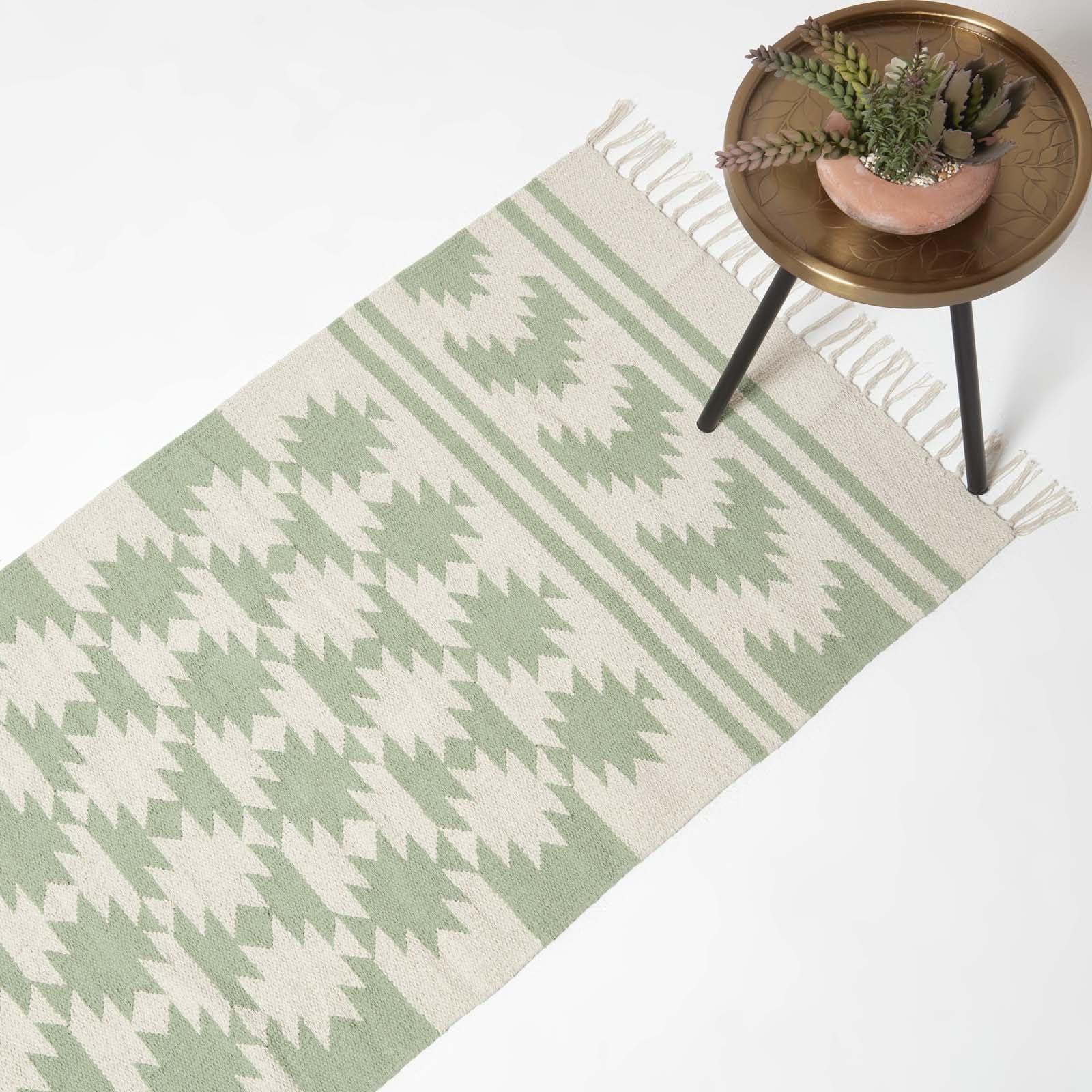 Tapis de salon artisanal kilim en coton vert Turin Homescapes