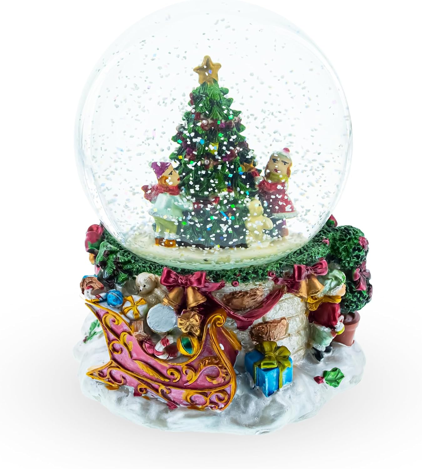 Joyful Children Adorning Christmas Tree: Musical Water Snow Globe