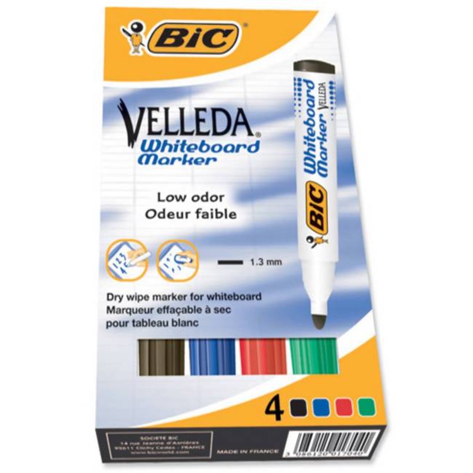 ROTULADOR MARCADOR PIZARRA BLANCA VELLEDA BIC - COLORES AZUL NEGRO ROJO VERDE - PUNTA REDONDA 1.4 MM - BLISTER - 904941