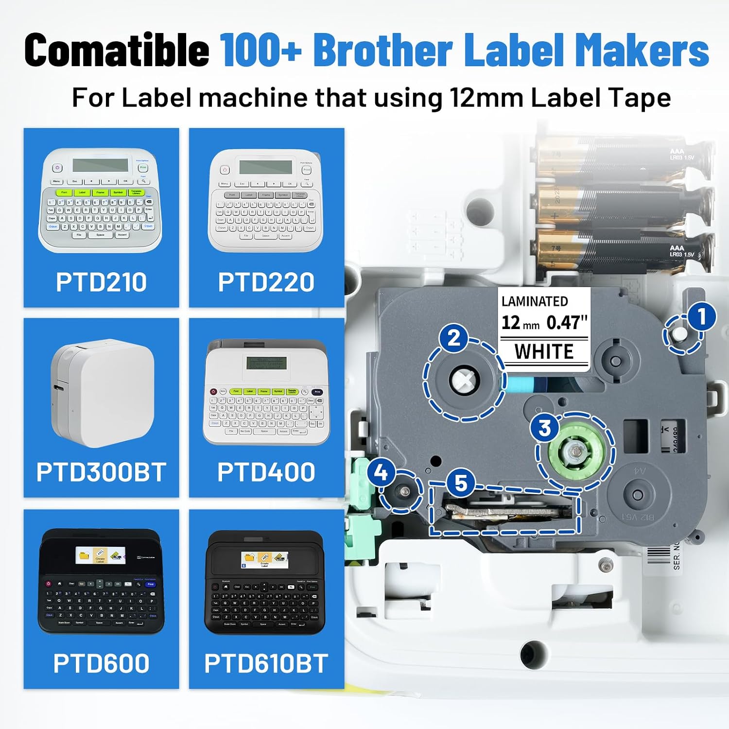 12mm 0.47 Inch Laminated Black on White Label Maker Tape Tze-231 Replace for Brother P Touch Label Tape TZe TZ Ptouch Refills TZe231 for PT-D210 220 PTH110BP H111 PTP-710BT, 12 mm x 8m, 4-Pack