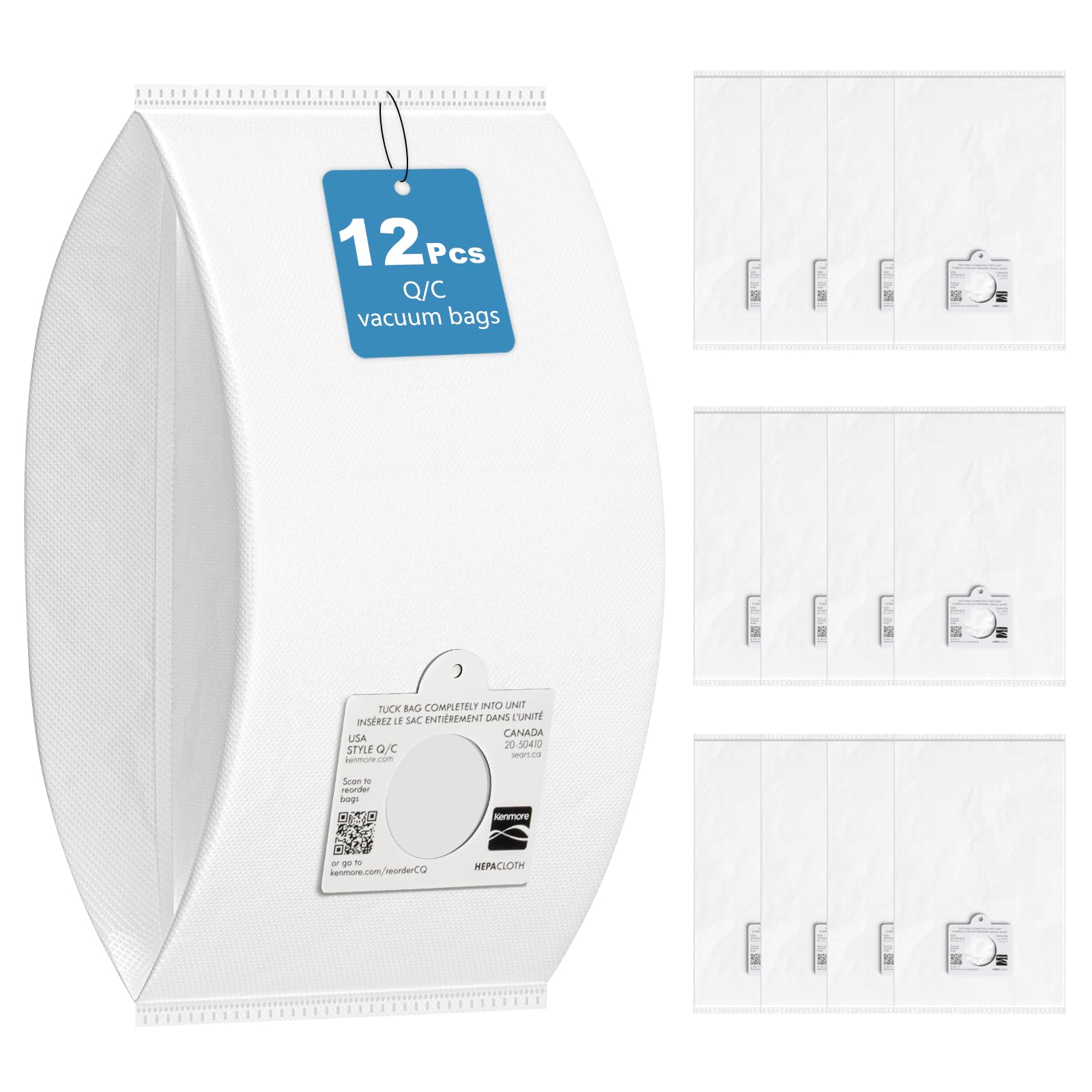 12 Pack 53292 Type Q/C Canister Vacuum Bags for Kenmore Canister 5055 50555 50557 50558, HEPA Filtration Replacement Vacuum Cleaner Bags for Kenmore 200 400 600 700 800 series