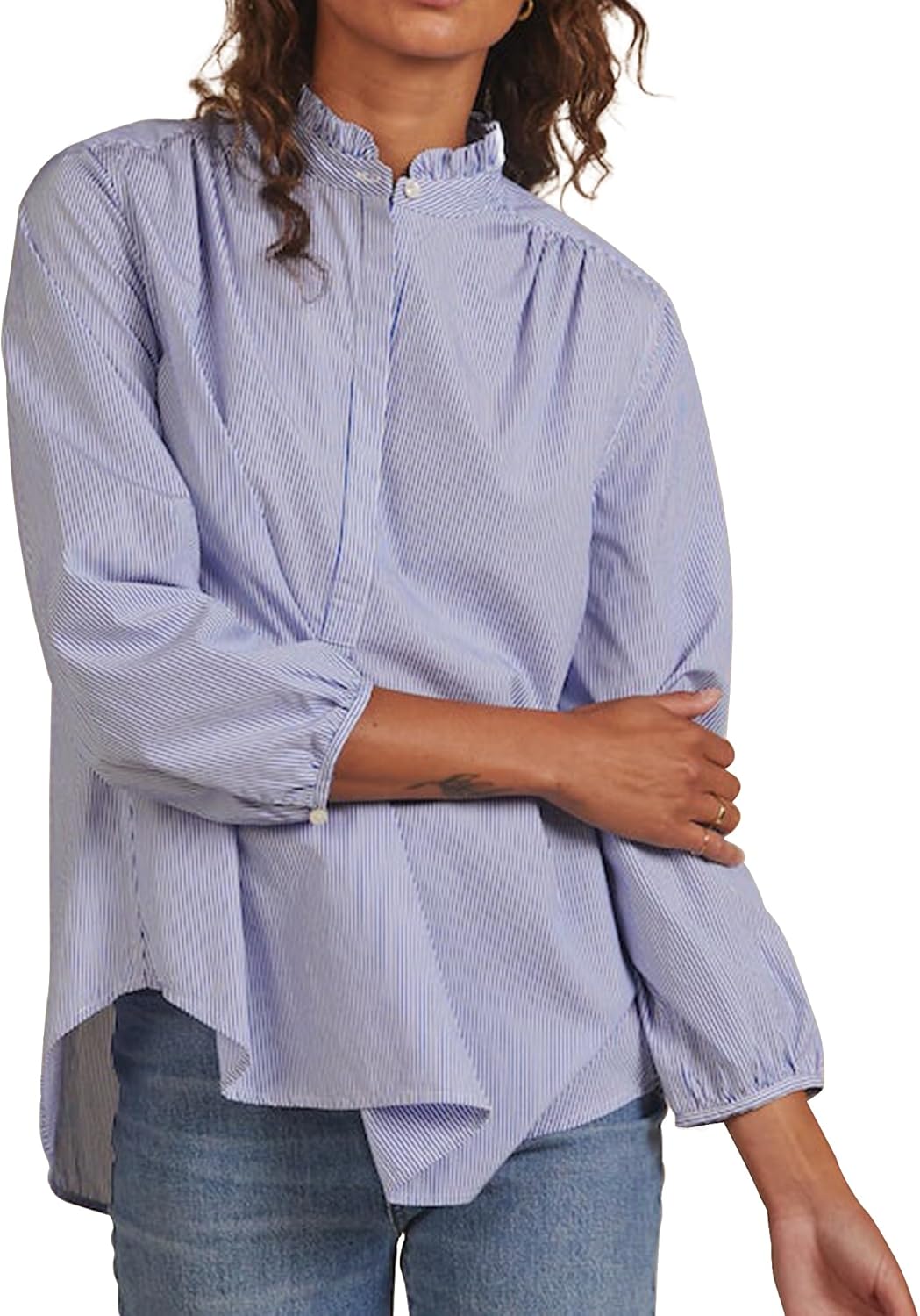 Womens Blue White Stripe Shirt Long Sleeve Standup Ruffle Collar Blouse Dressy Business Casual Tops