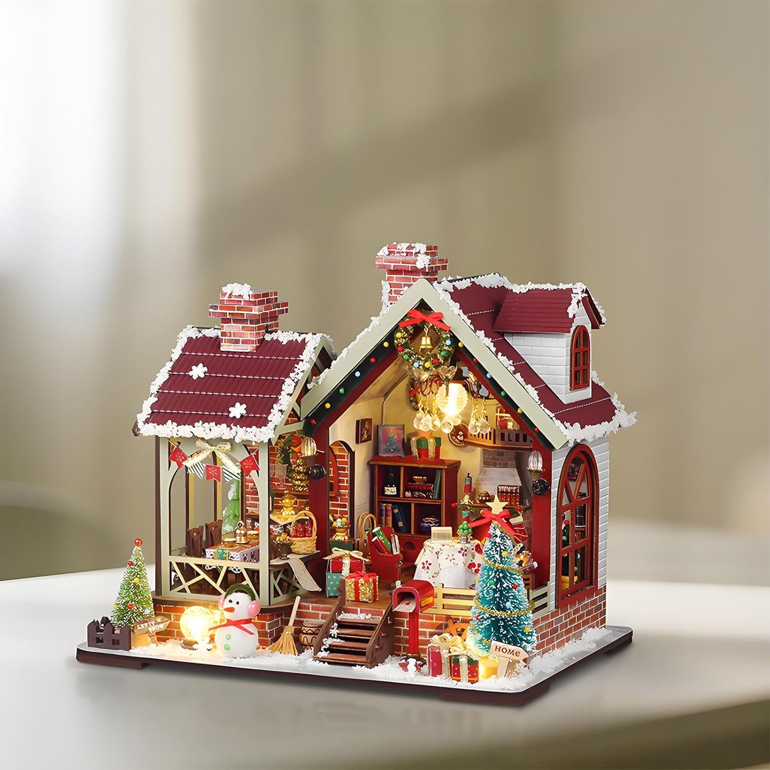 Kit fai da te per casa delle bambole in miniatura di Natale, kit mini casa delle bambole in legno per adulti, puzzle 3D in legno con LED, regalo di Natale e compleanno, decorazione per la casa per