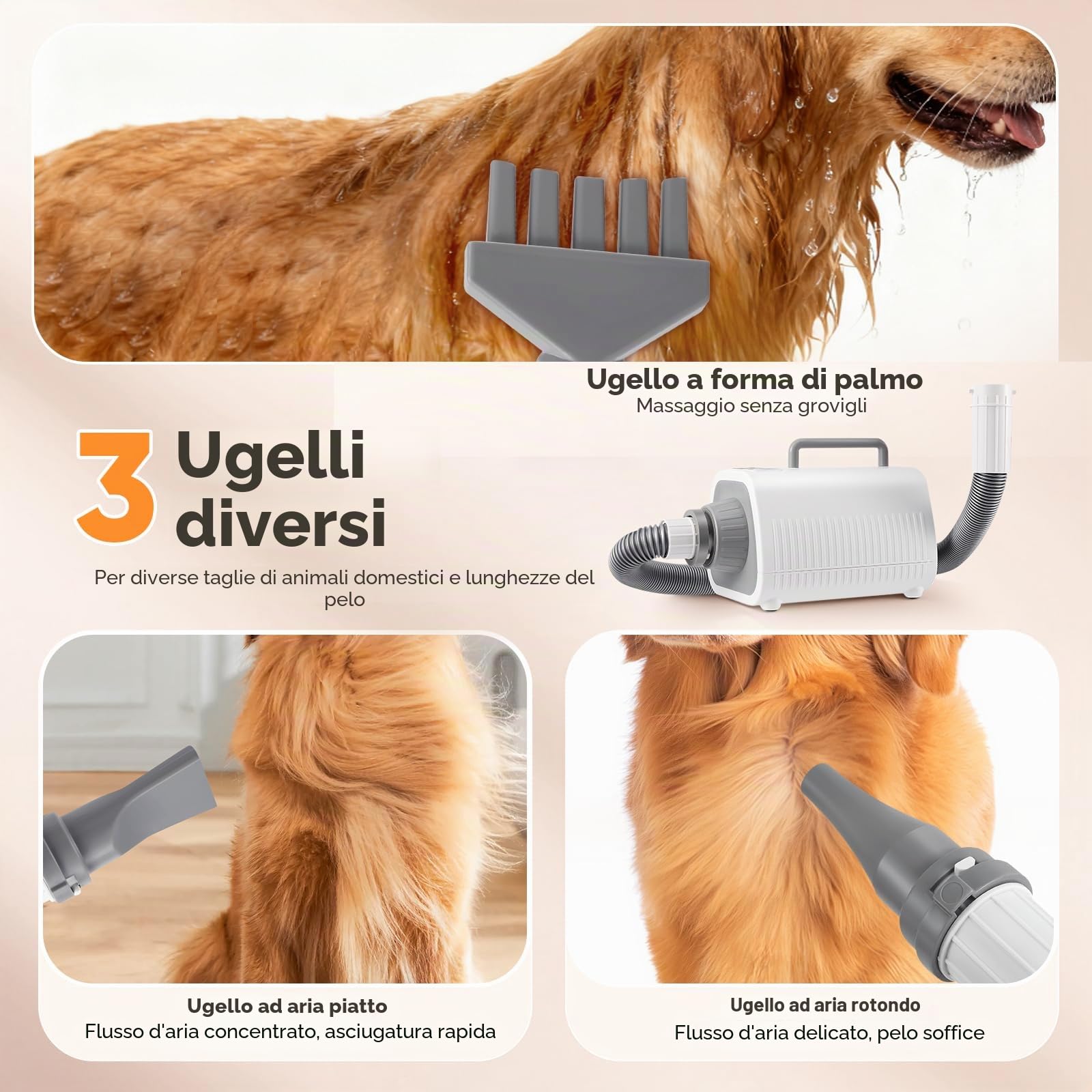 Asciugacapelli per Cani, Potente soffiatore per cani con Velocità e Temperatura Regolabili, 3 Ugelli, Tubo Flessibile, Schermo LCD, Asciugatore per Cani e Gatti di Tutte le Taglie
