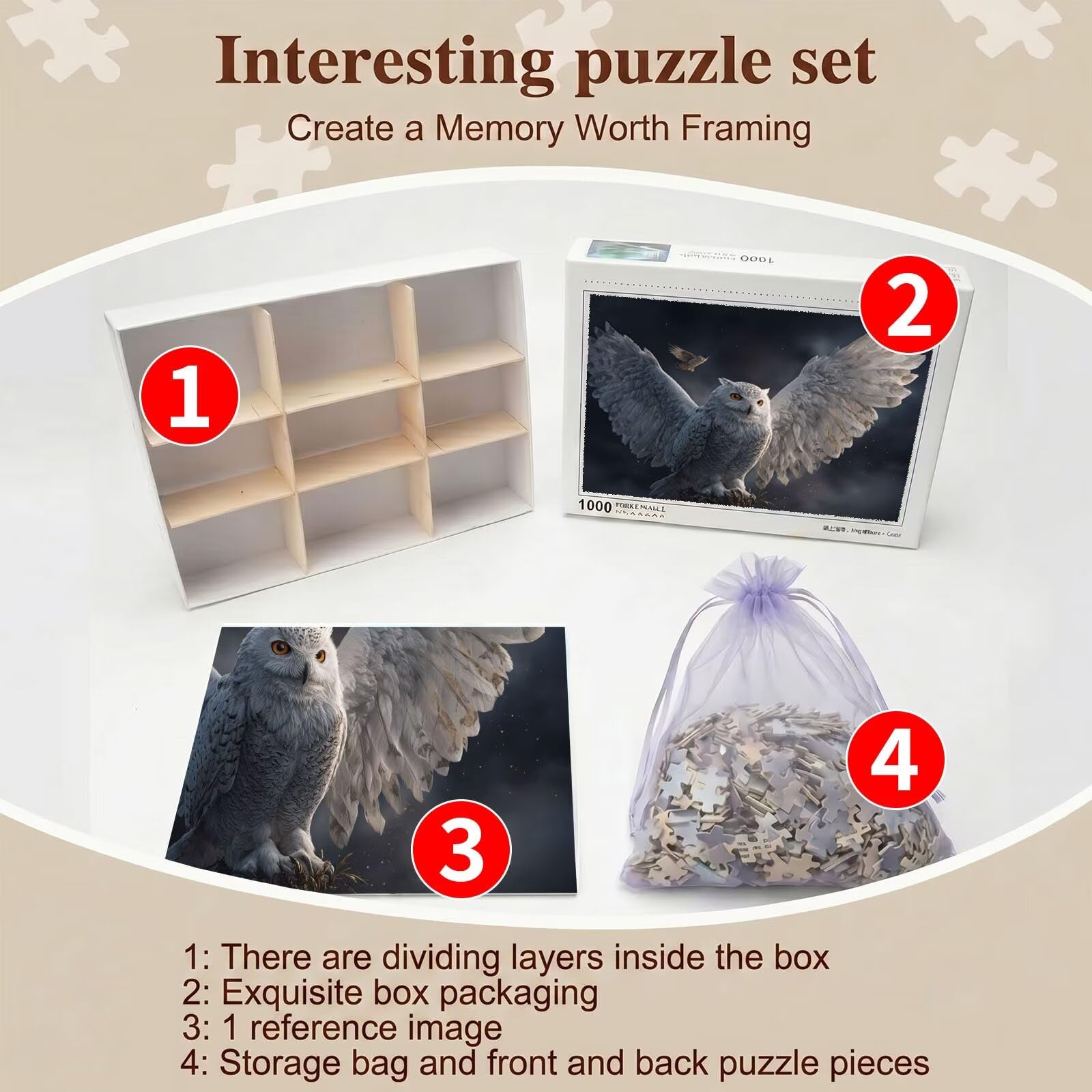 gufo grigio Puzzle 4000 Pezzi per Adulti, Puzzle in Legno - Collezione Classica con Poster Incluso - Sfida di Concentrazione e Passatempo Antistress, Gioco Educativo per Famiglia, 141 x 87 cm f0-721
