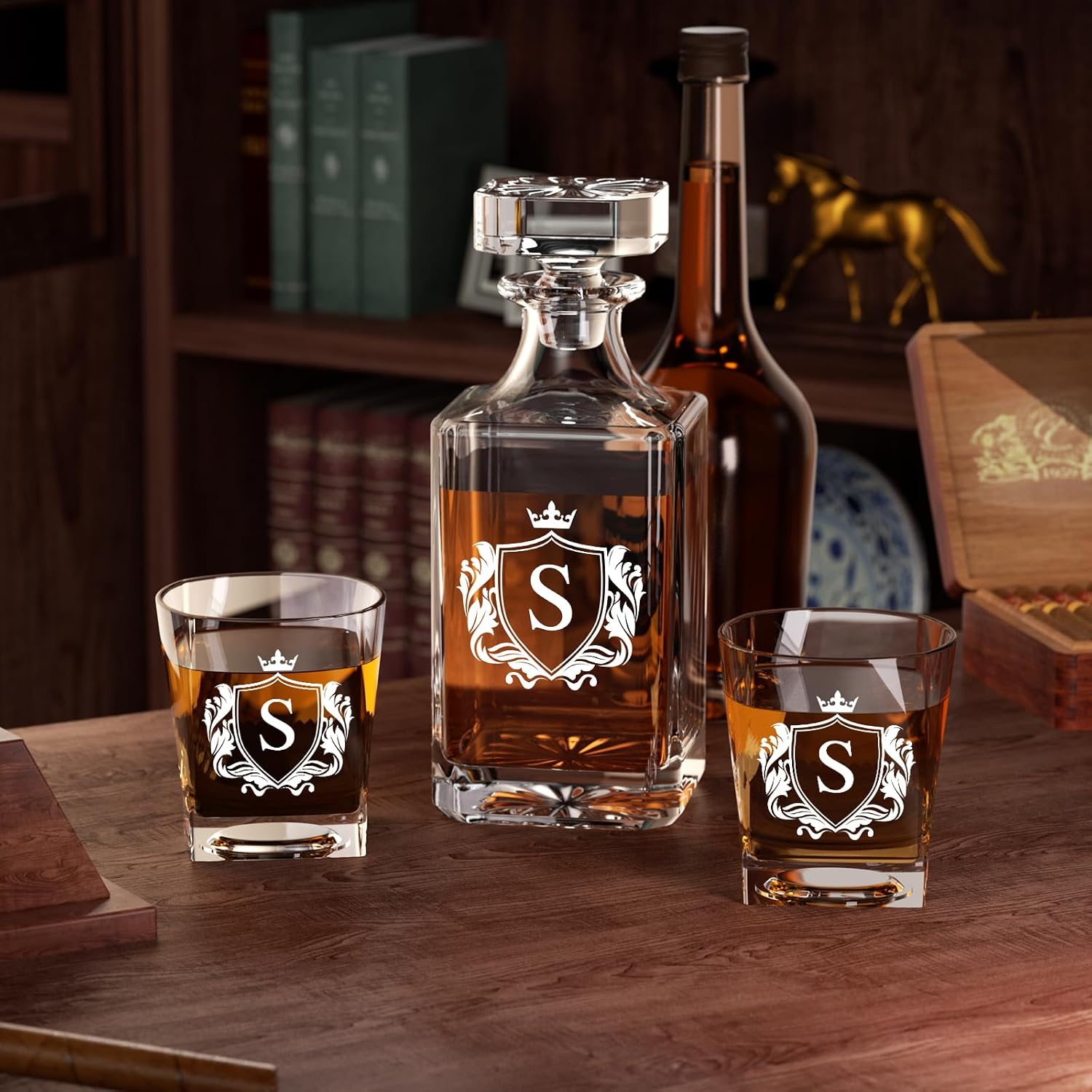 Personalized Whiskey Decanter Set with Monogram Initial, A-Z 10oz Personalized Whisky Glasses with 750ml Decanter, Unique Fathers Day Birthday Gifts for Men Him Dad Husband Brother Son (S)