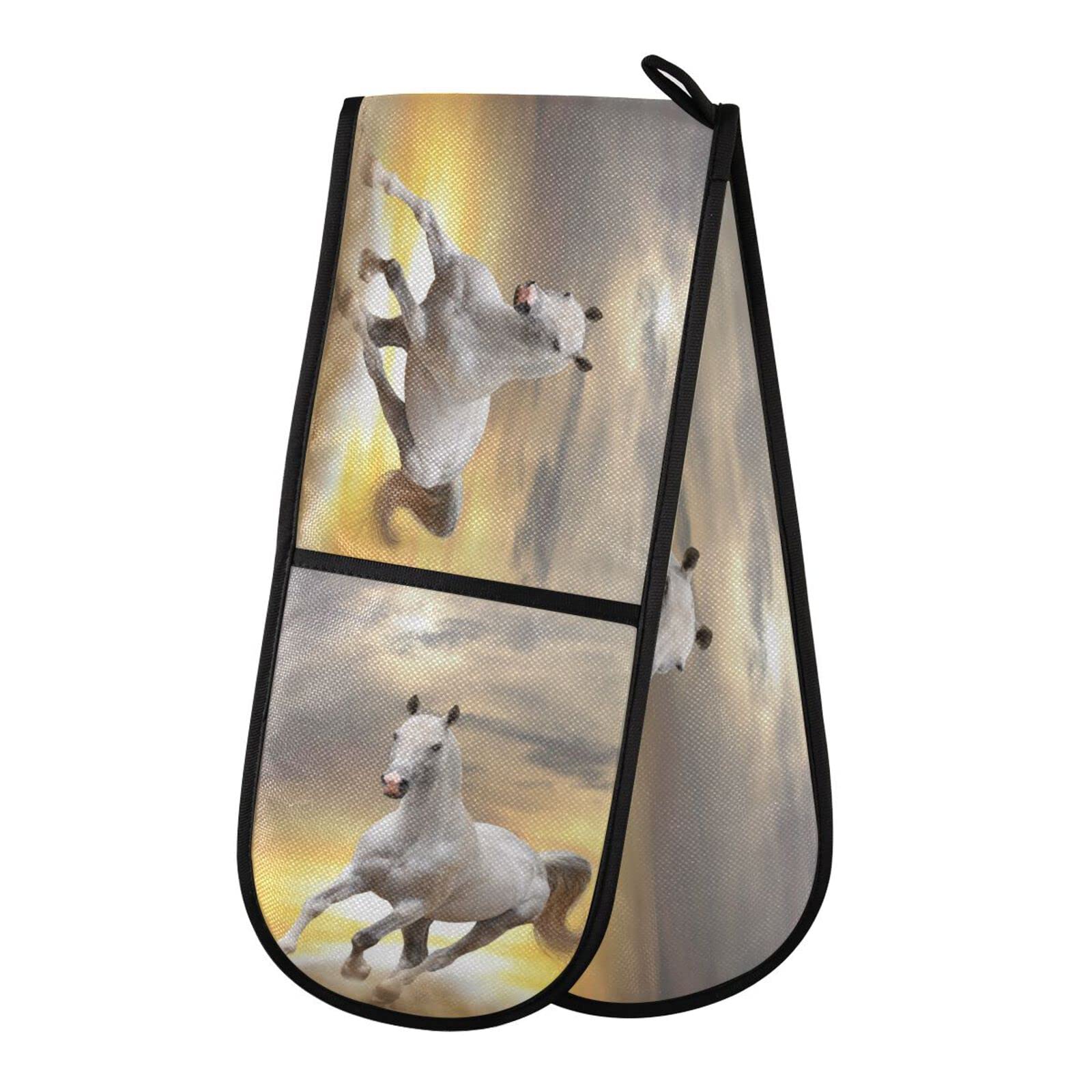 Youjuner Colour 94 Double Oven Glove White Horse Heat Resistant Double Ovens Mitt Modern Cooking Gloves Potholders