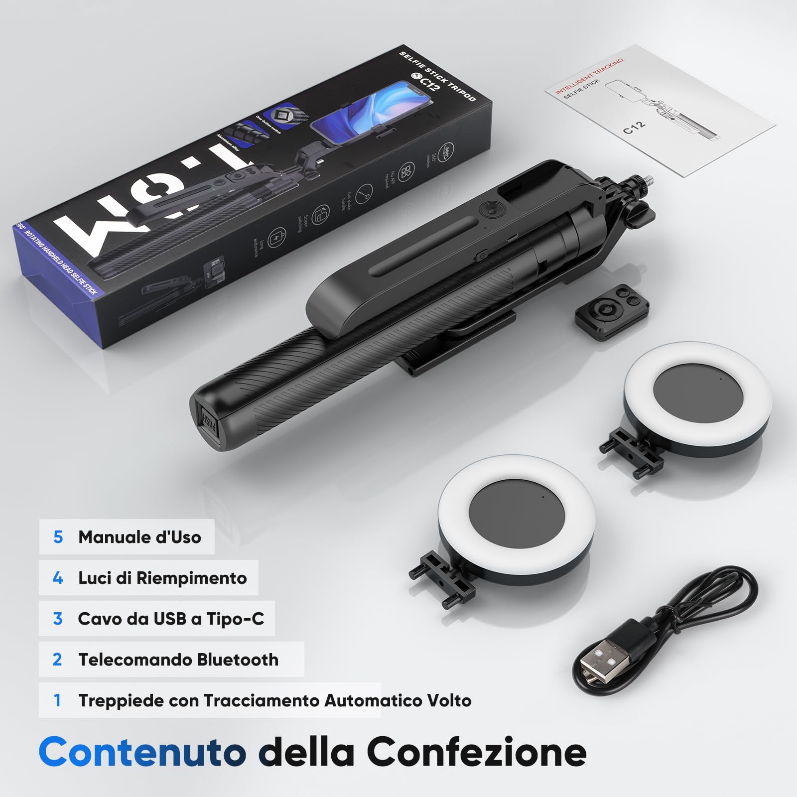 Jeebel Treppiede a Tracciamento Automatico del Volto - 180cm Bastone Selfie con Luci LED/Controllo Gesti/No App/Ruotabile 360° - Stabilizzatore Gimbal per Telefono Action-Cam DSLR Video Live Vlog