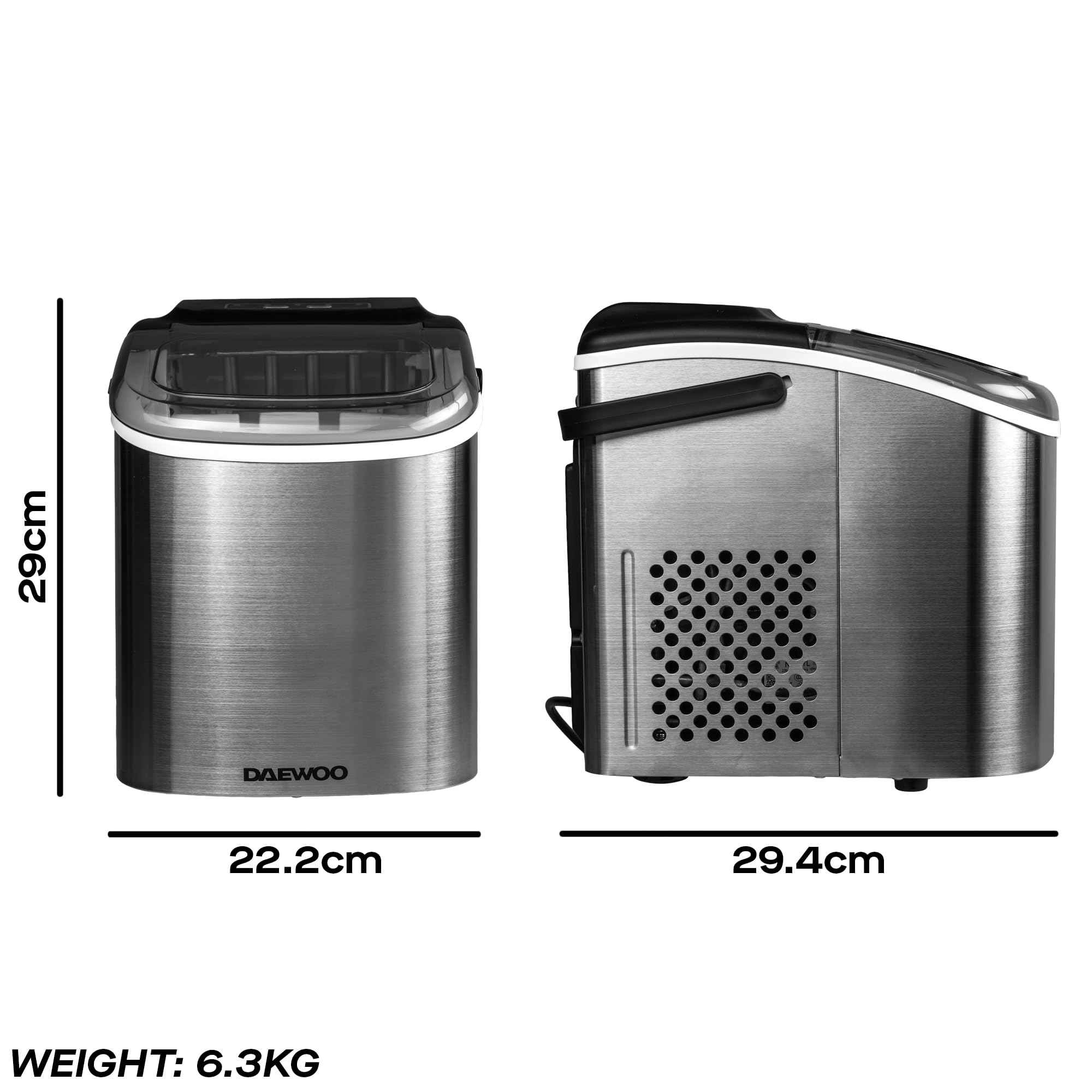 Daewoo Macchina per il ghiaccio portatile con manico, 9 cubi di proiettile in 6 minuti con 2 opzioni di dimensione, 12 kg in 24 ore, autopulente, paletta e cestino per il ghiaccio inclusi, per bar