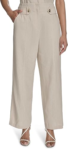 HALSTON H Women's Straight Leg Linen Faux Belted Pant, Beige