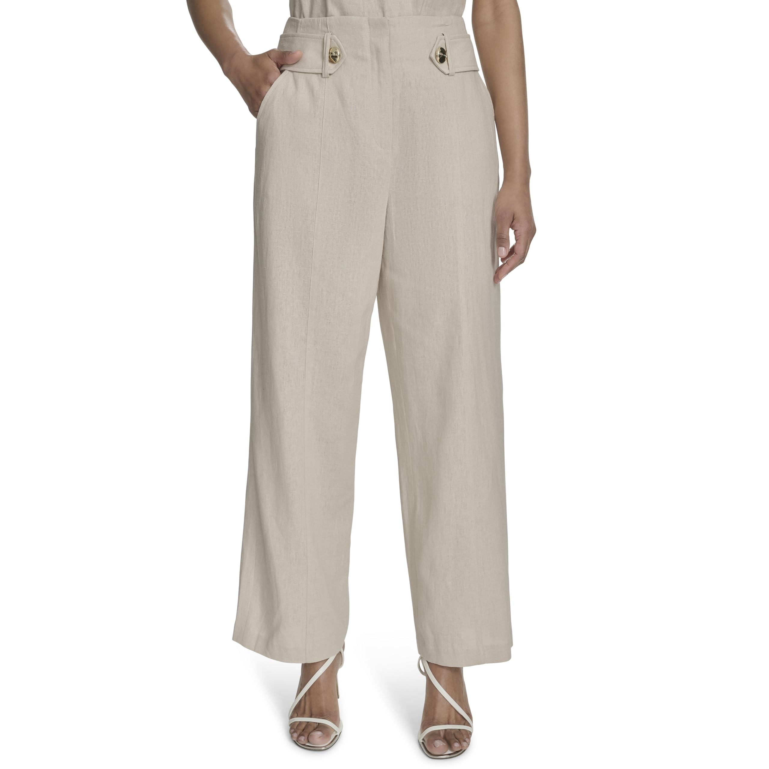 H HALSTON Womens Straight Leg Linen Faux Belted Pant