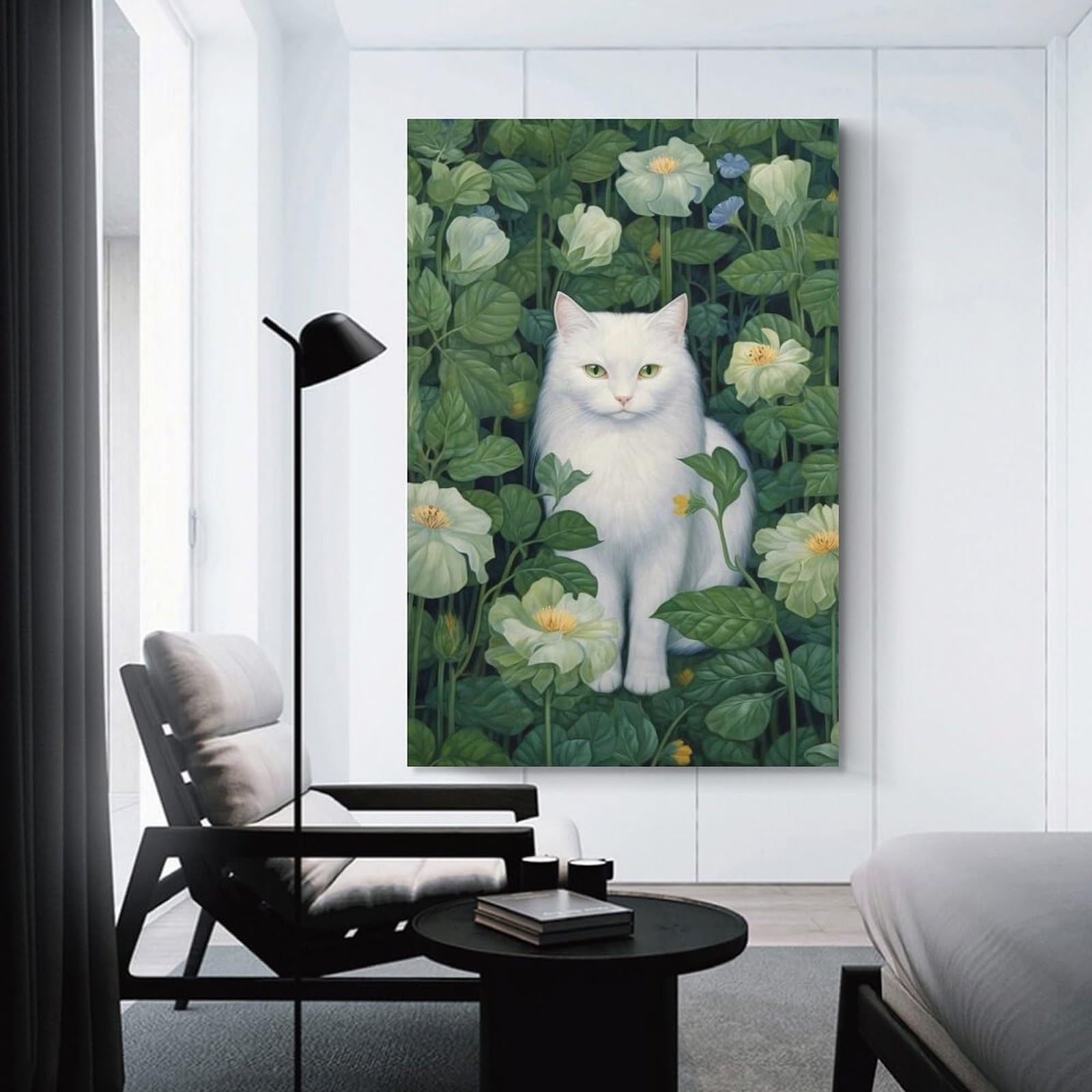 Junmoney White Cat Among Flowers Hanging Wall Art 08x12inch(20x30cm), for Front Hall, Corridor Or Welcome Spaces, Wall Decor to Refresh Empty Corners