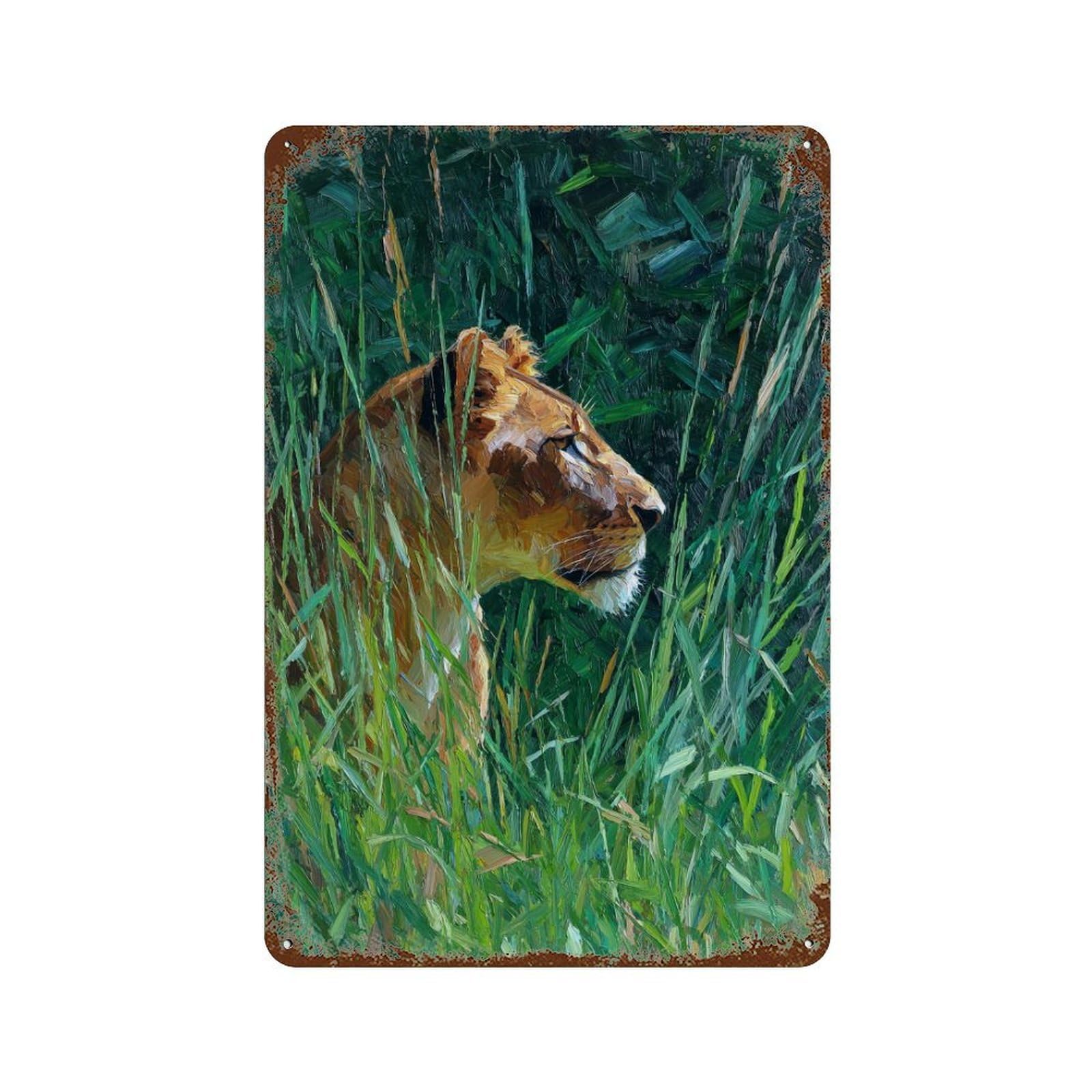 Lioness in Grass Painting Distressed Metal Wall Sign 11.8"x7.9", Ideal for Patio, Garden Room And Bar Decor